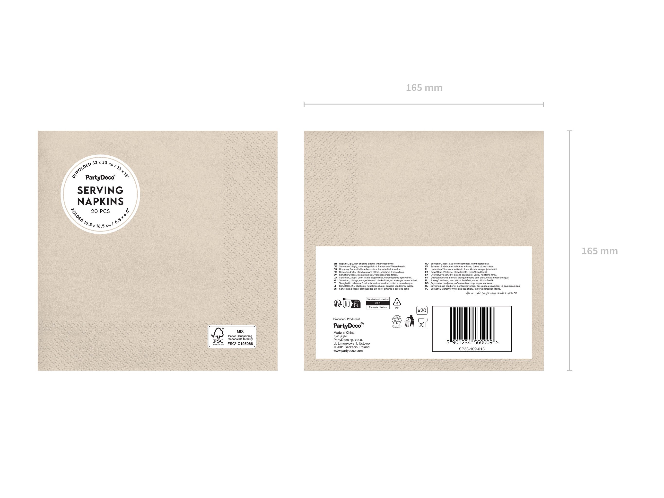 partydeco Papierserviette, Servietten Papier 33x33cm 2-lagig 20 Stück Beige