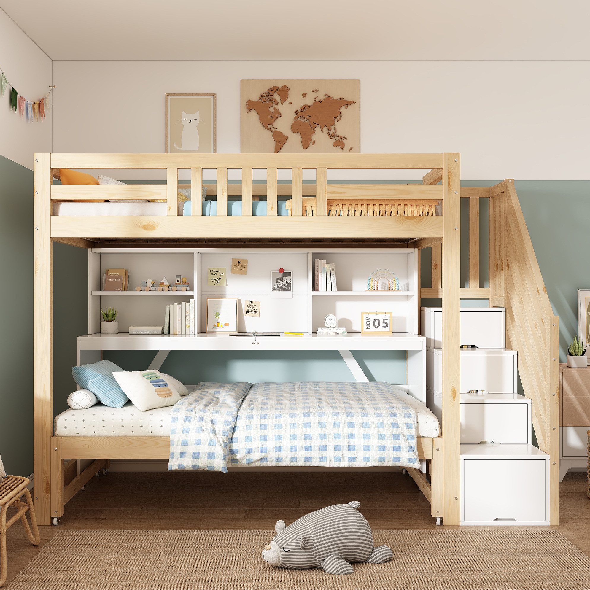 OKWISH Etagenbett Kinder-Hochbett mit Schreibtisch, Treppe & Stauraum (Packung, 90×200 + 90×190 cm, ohne Matratze, für Kinderzimmer), ausziehbares Bett, Rollen, Regal, Weiß+Eiche