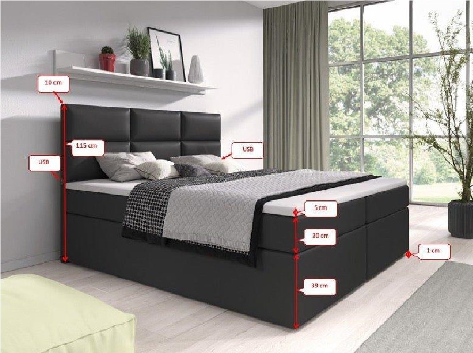 Boxspringbett Luxusbetten24 Schwarz USB und Carito, mit Stauraum