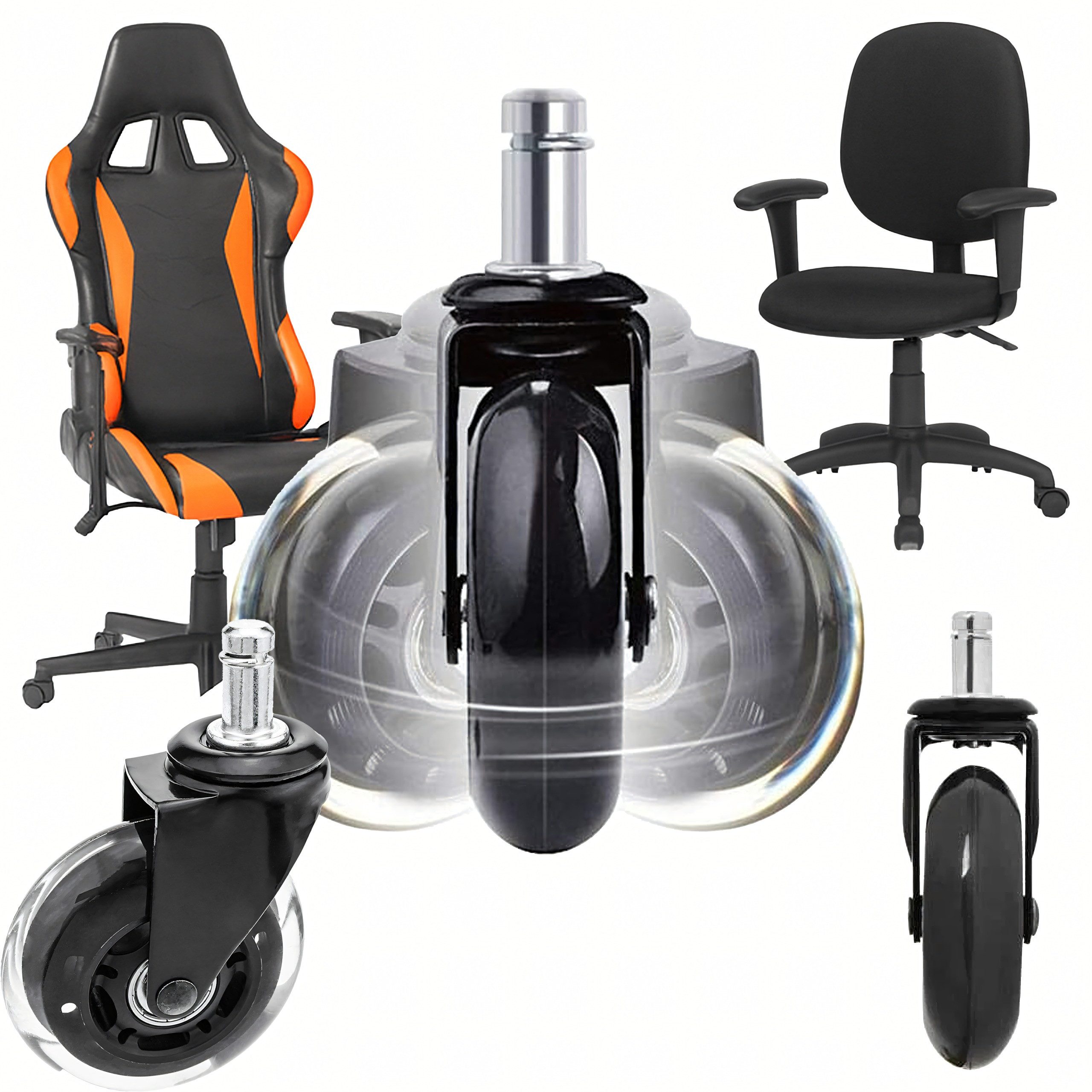 Realb2b Stuhlrolle 5x Gummirad für Bürostuhl Gaming-Stuhl, 75 mm, 12 mm Vorbau, robust, (Bürostuhl- und Gaming-Stuhl Ersatzräder Set, leise, rutschfest, langlebig, 5-St., 5x universelle Gummiräder mit 12 mm Vorbau für Bürostühle und Gaming), Leise Gummiräder für Bürostühle und Gaming-Stühle, bodenschonend