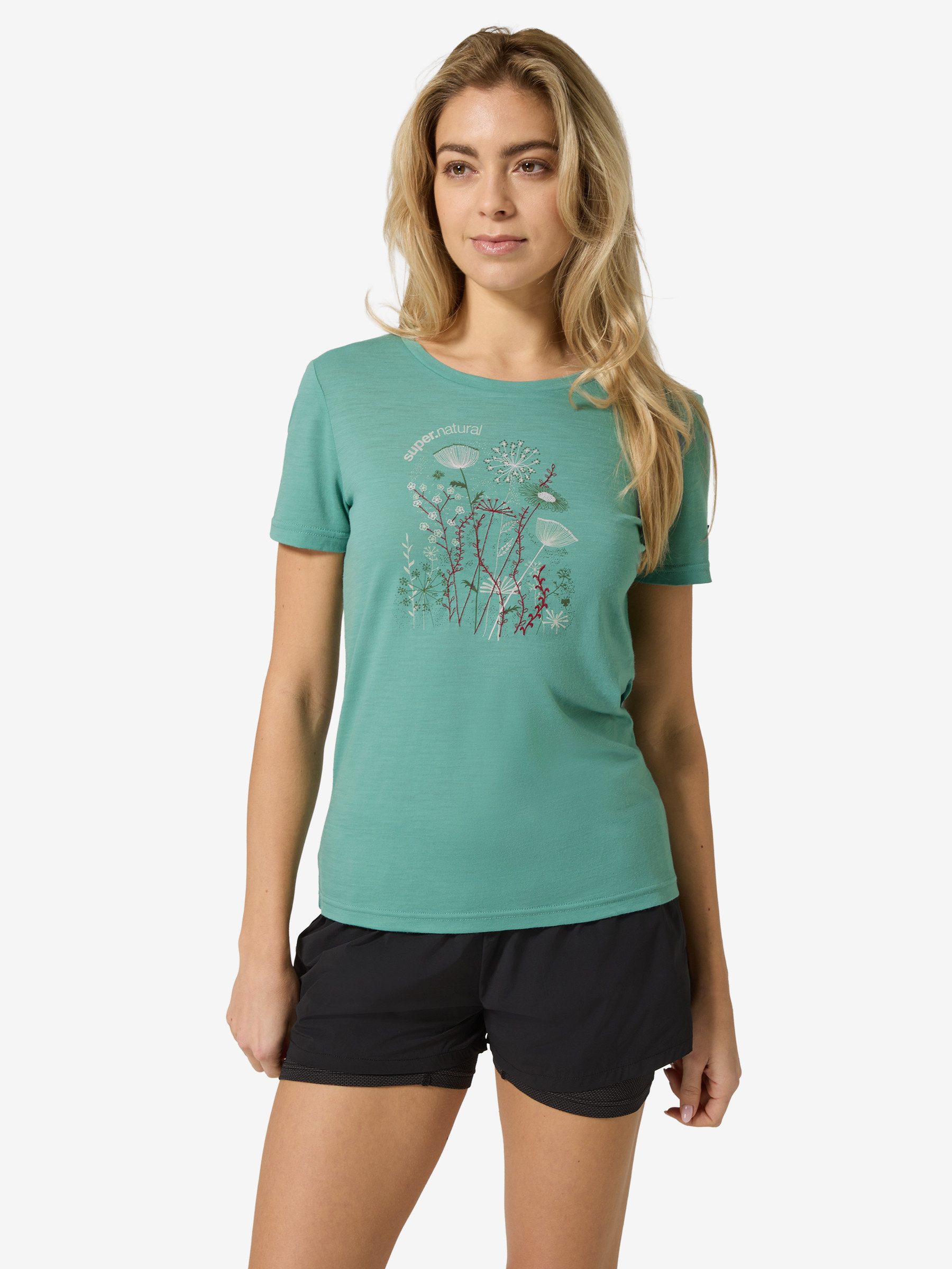 SUPER.NATURAL Print-Shirt für Damen, Merino ROCK FLOWERS TEE Blumen Motiv, atmungsaktiv