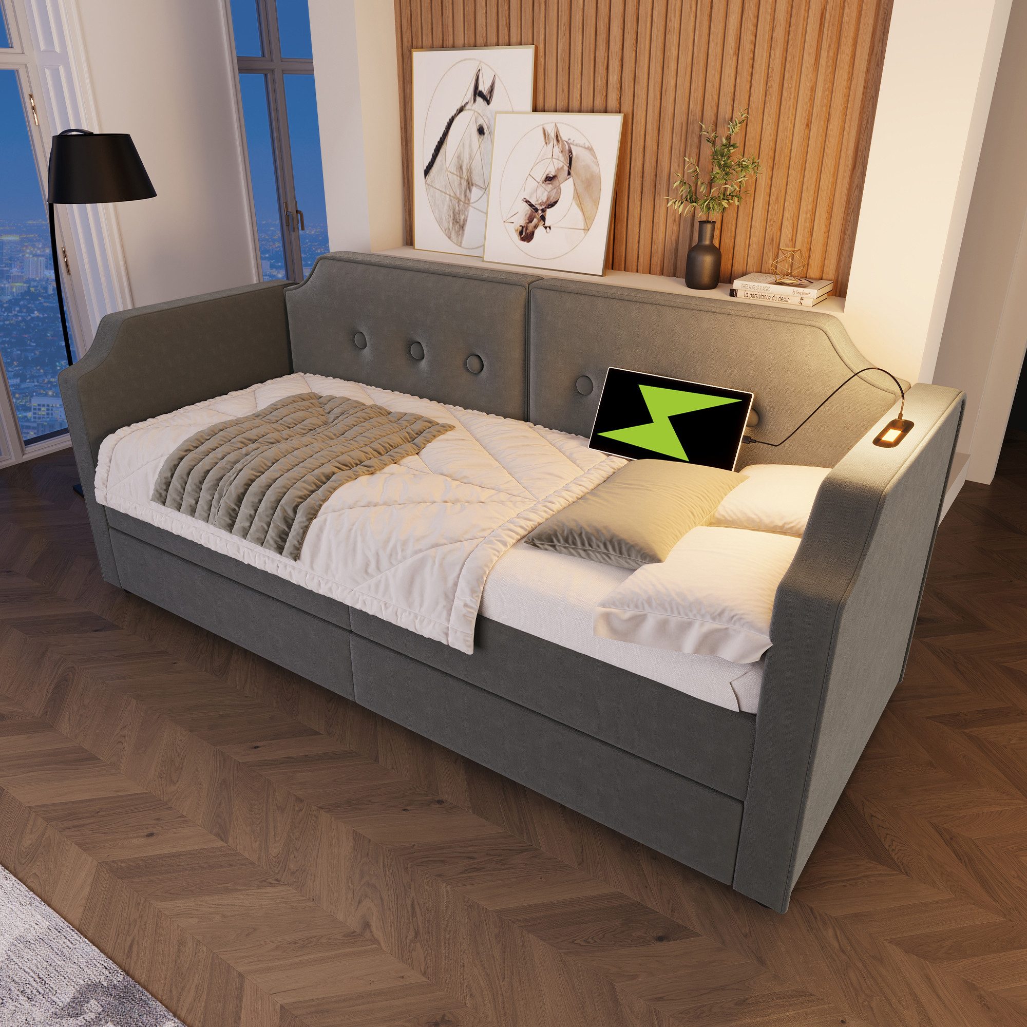 Flieks Daybett, Polsterbett Schlafsofa 90x200cm 2 Schubladen/ Leselicht/ Ladefunktion