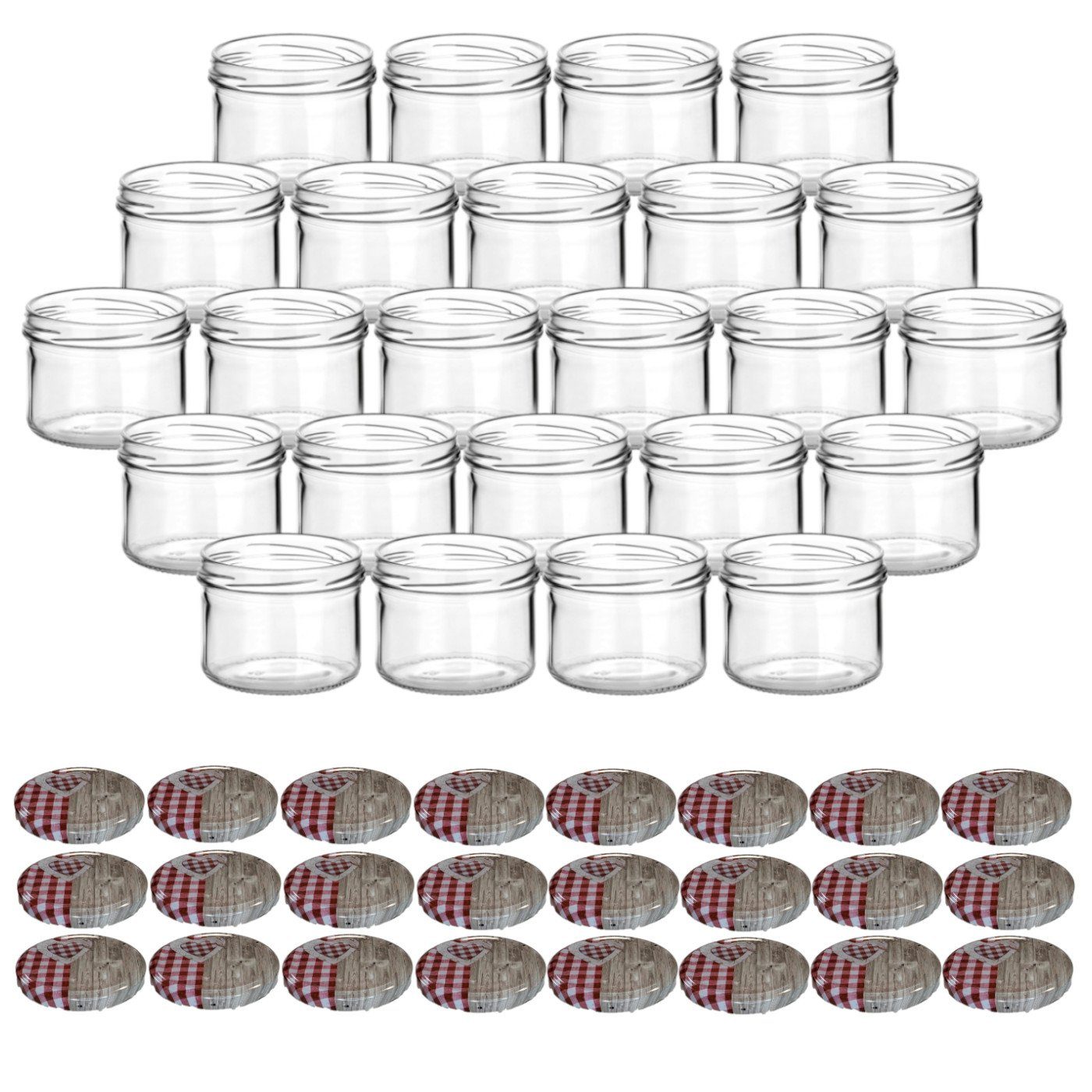 gouveo Einmachglas Vorratsgläser 230 ml rund mit Schraubverschluss TO 82, (24 Stück, Herz-Rot), Gläser für Selbstgemachtes, Marmelade, Wurst