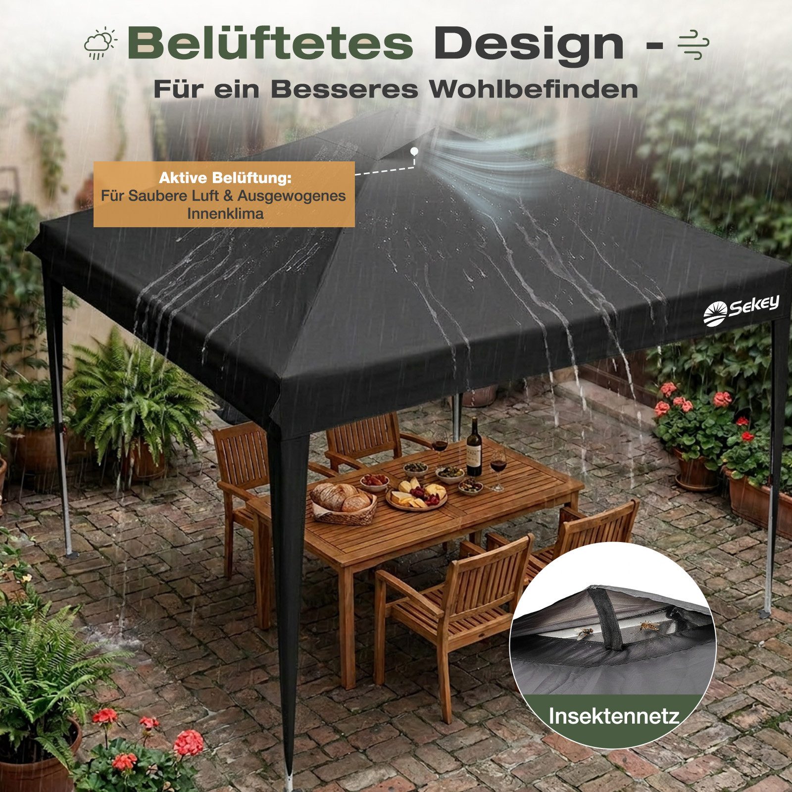 Sekey Faltpavillon 3x3 Wasserdicht Pop Up Pavillon mit Belüftung, Partyzelt UV-Schutz 50+, 3 wählbare Höhen: 240cm, 250cm und 260cm, Stabil und Windfest – Bild 4 von 5