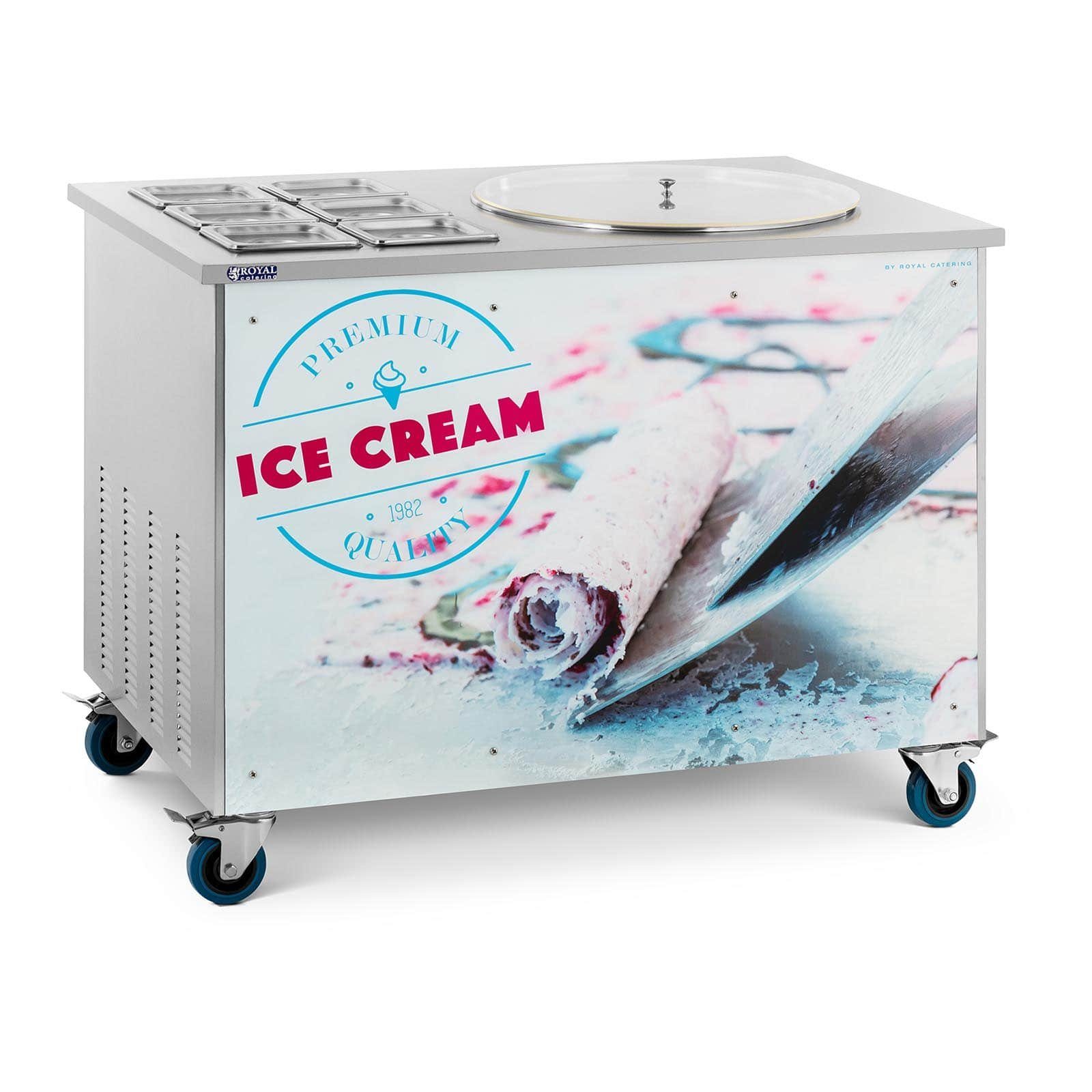 Royal Catering Eismaschine Roll-Eismaschine - für Thai Ice Cream Rolls - Ø 50x2,5cm - 6 Behälter, 740 W
