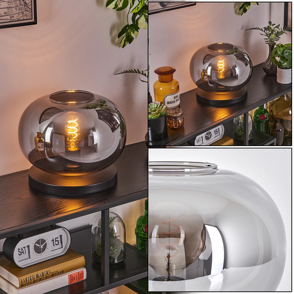 hofstein Tischleuchte Tischlampe aus Metall/Glas in Schwarz/Rauchfarben, ohne Leuchtmittel, mit Glasschrim(30cm), Schalter am Kabel, 1 x E27, ohne Leuchtmittel