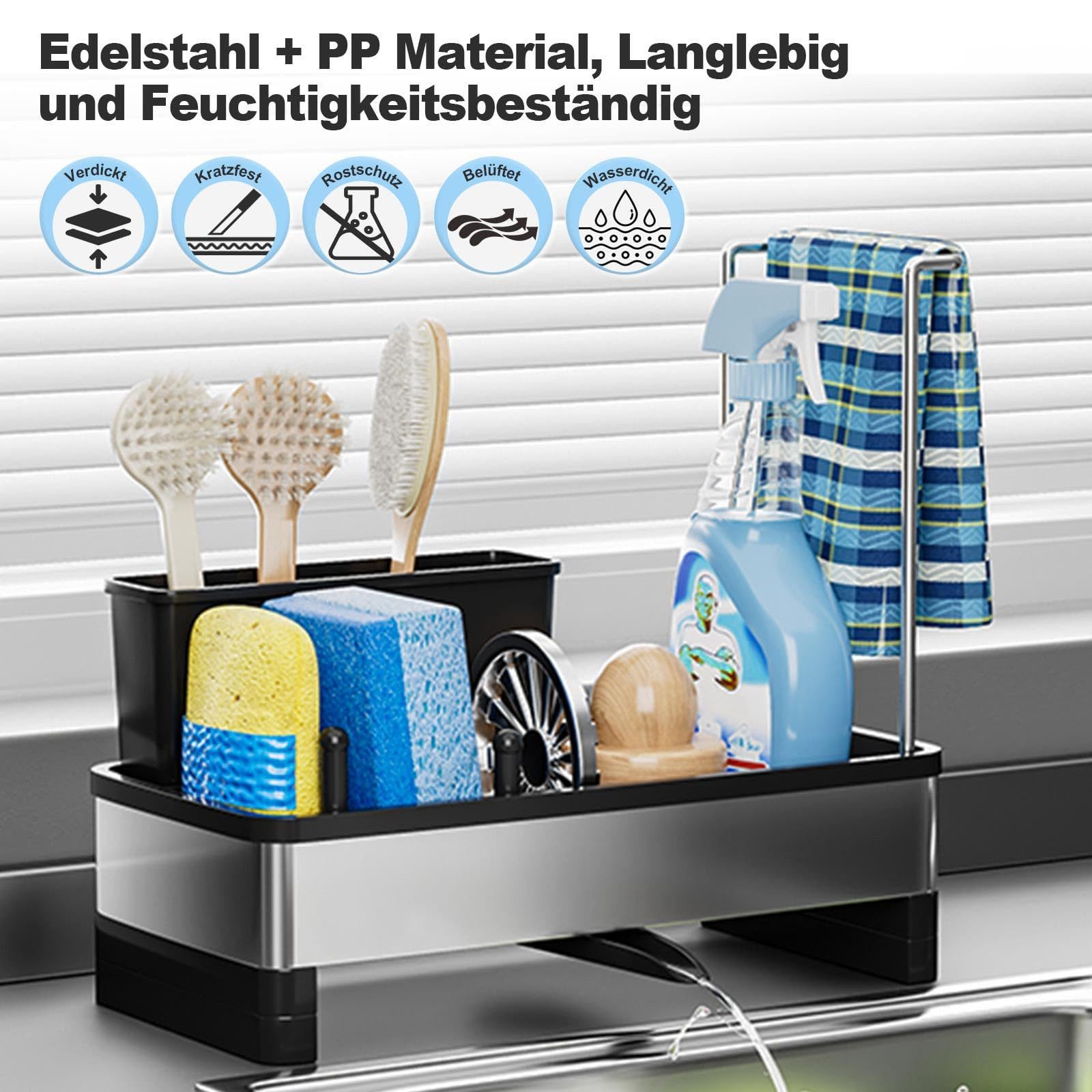 BlingBin Küchenorganizer-Set Spülbecken-Organizer Schwammhalter mit Automatischer Entwässerung, (360° Drehbar Abflussrohr, 1-tlg., 24.5*12.5*21.5CM), Aufbewahrung für Bürsten, Spülmittel, Küchenutensilien