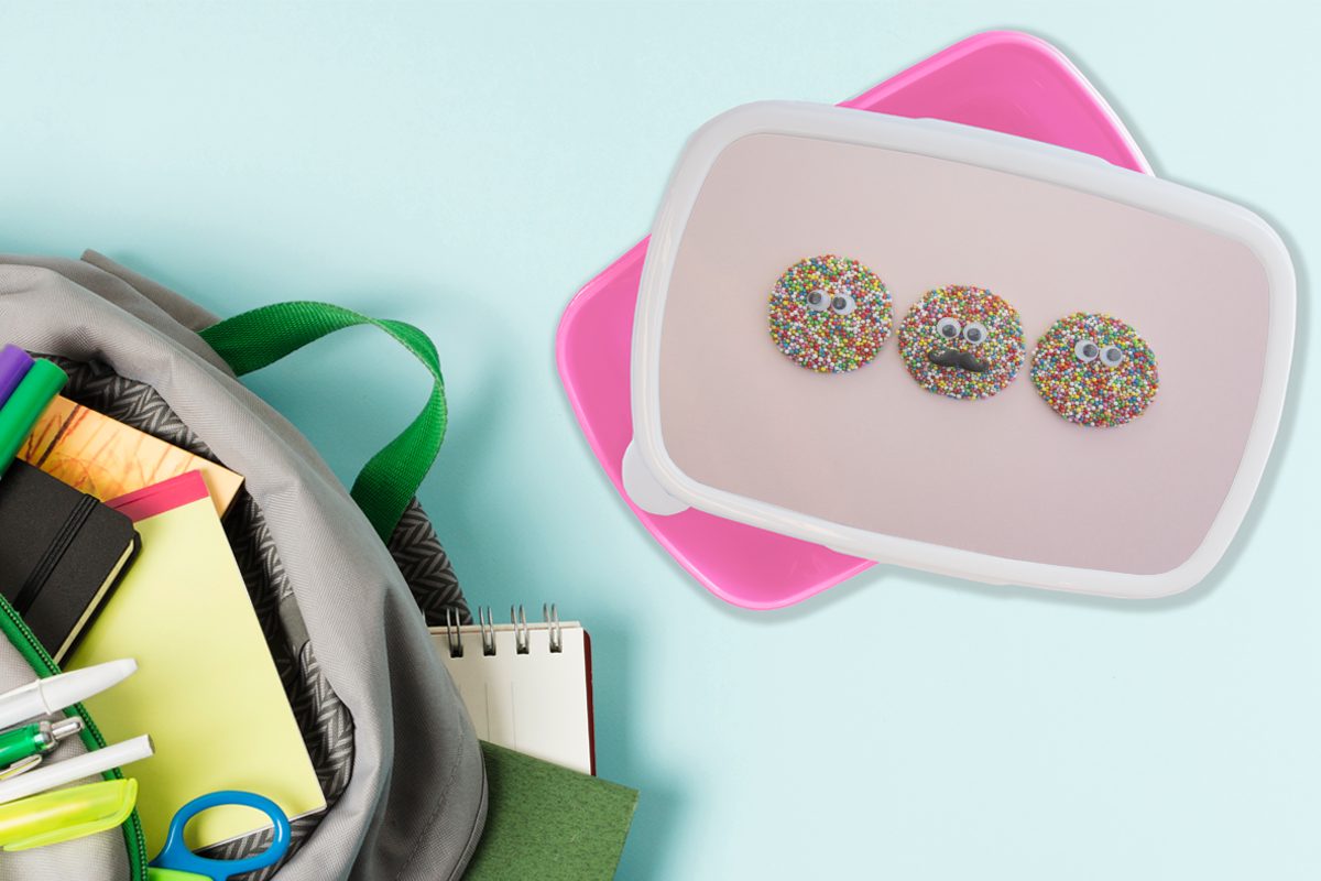 MuchoWow Lunchbox Brotbox bestreuen, Brotdose Kunststoff Kinder, Erwachsene, Kekse (2-tlg), Snackbox, Mädchen, rosa Kunststoff, für