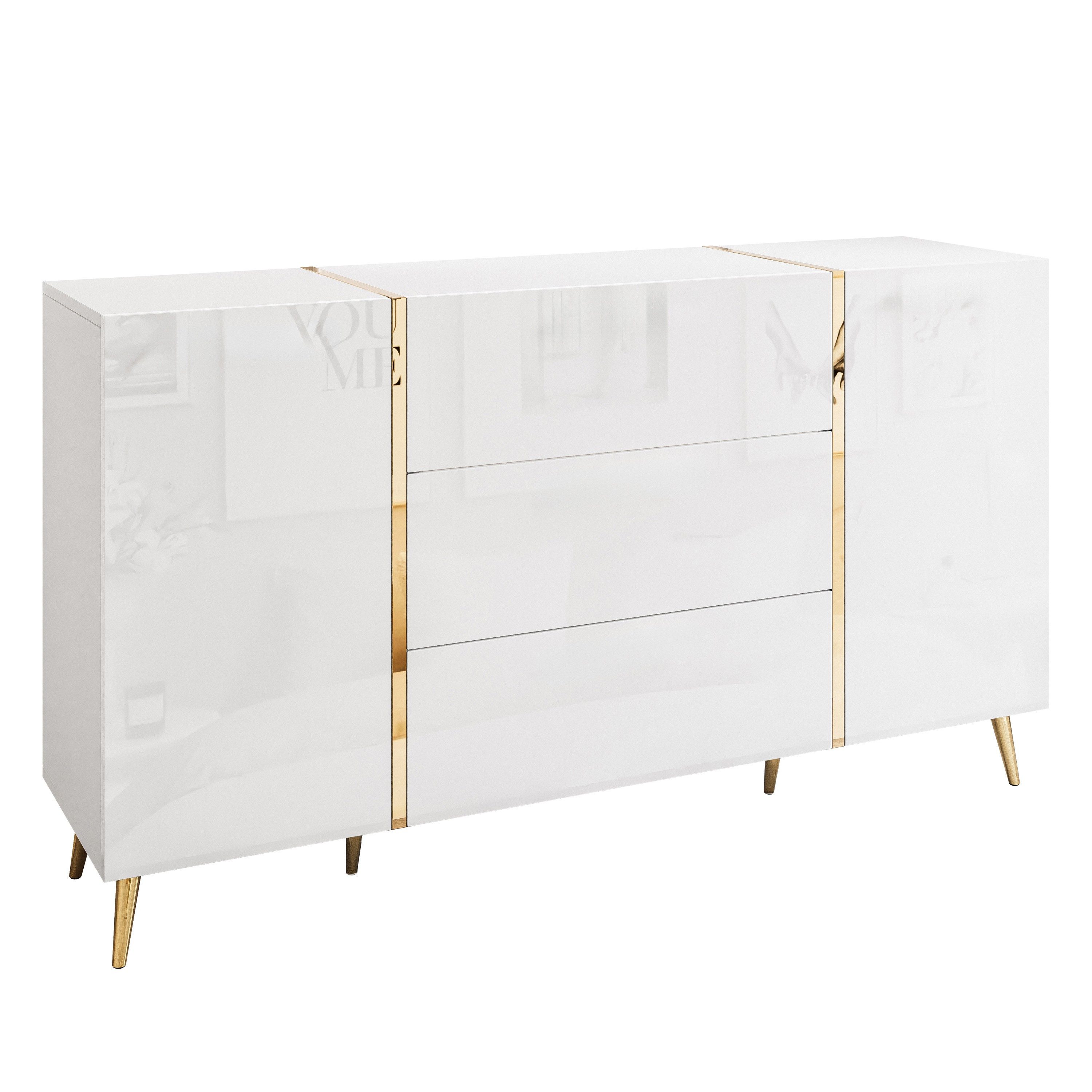 Lookway Kommode ONYX goldene Beine Hochglanz Push-Open / Goldgriffe 158 cm, 158x41x88 cm
