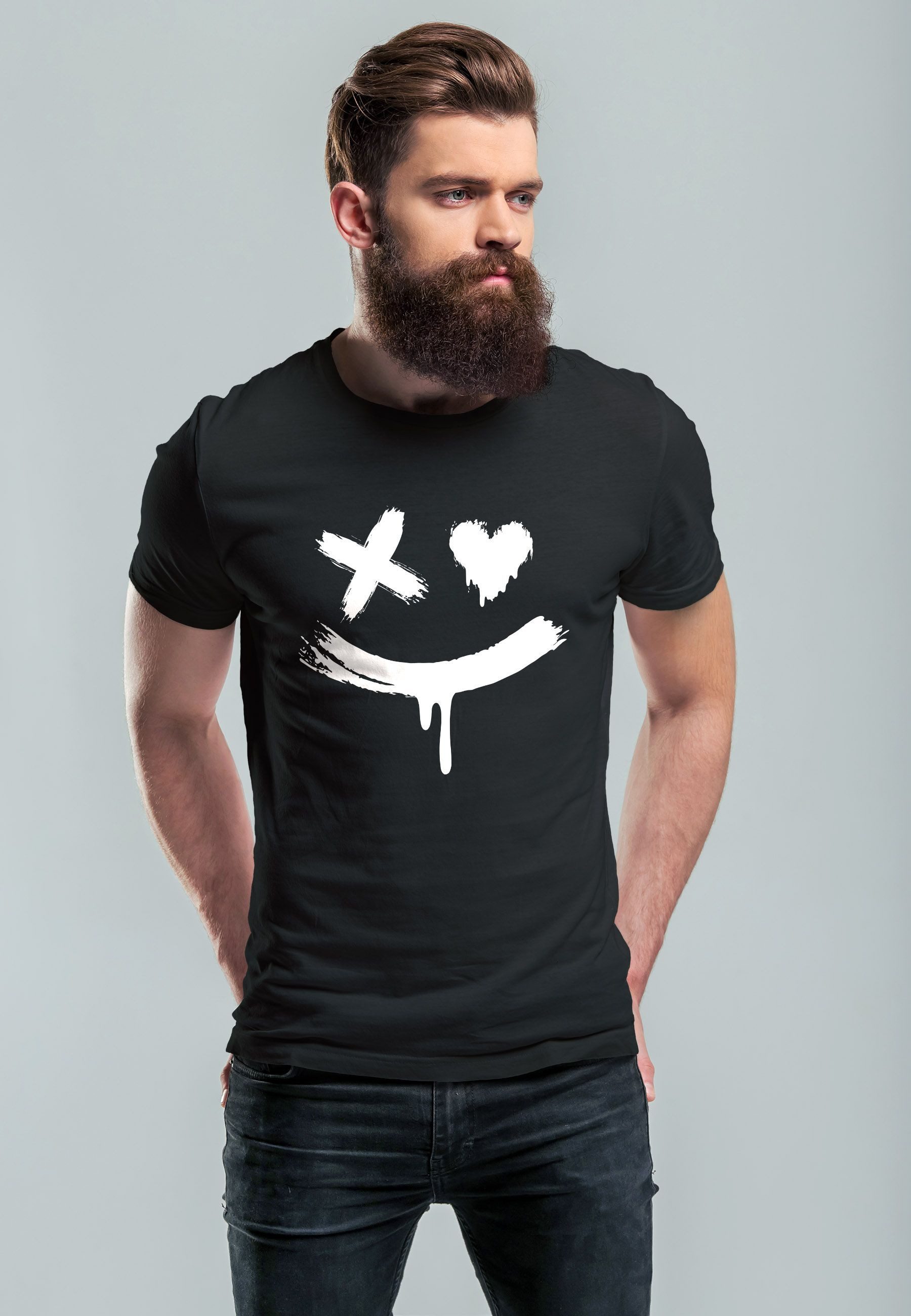 Neverless Print-Shirt Herren T-Shirt mit Print Aufdruck Smile Techwear Fashion Streetstyle mit Print
