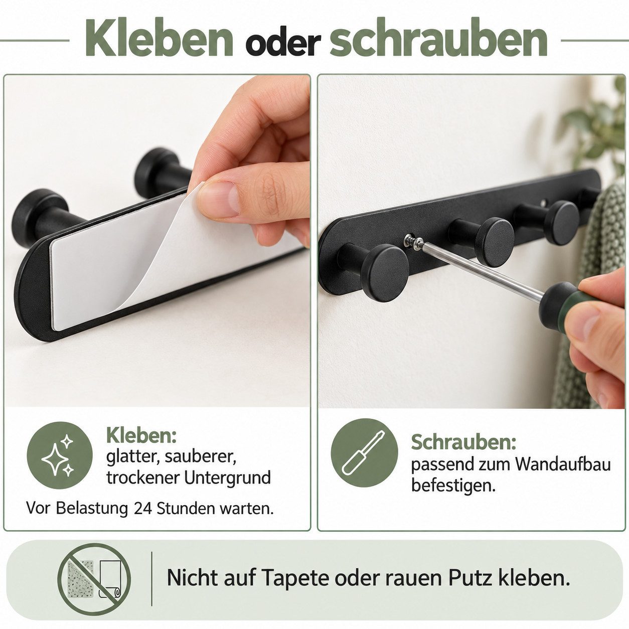 GOLDEN Kleiderhaken Hakenleiste schwarz, 5 Haken, 31,5 cm, kleben oder schrauben – Bild 4 von 5