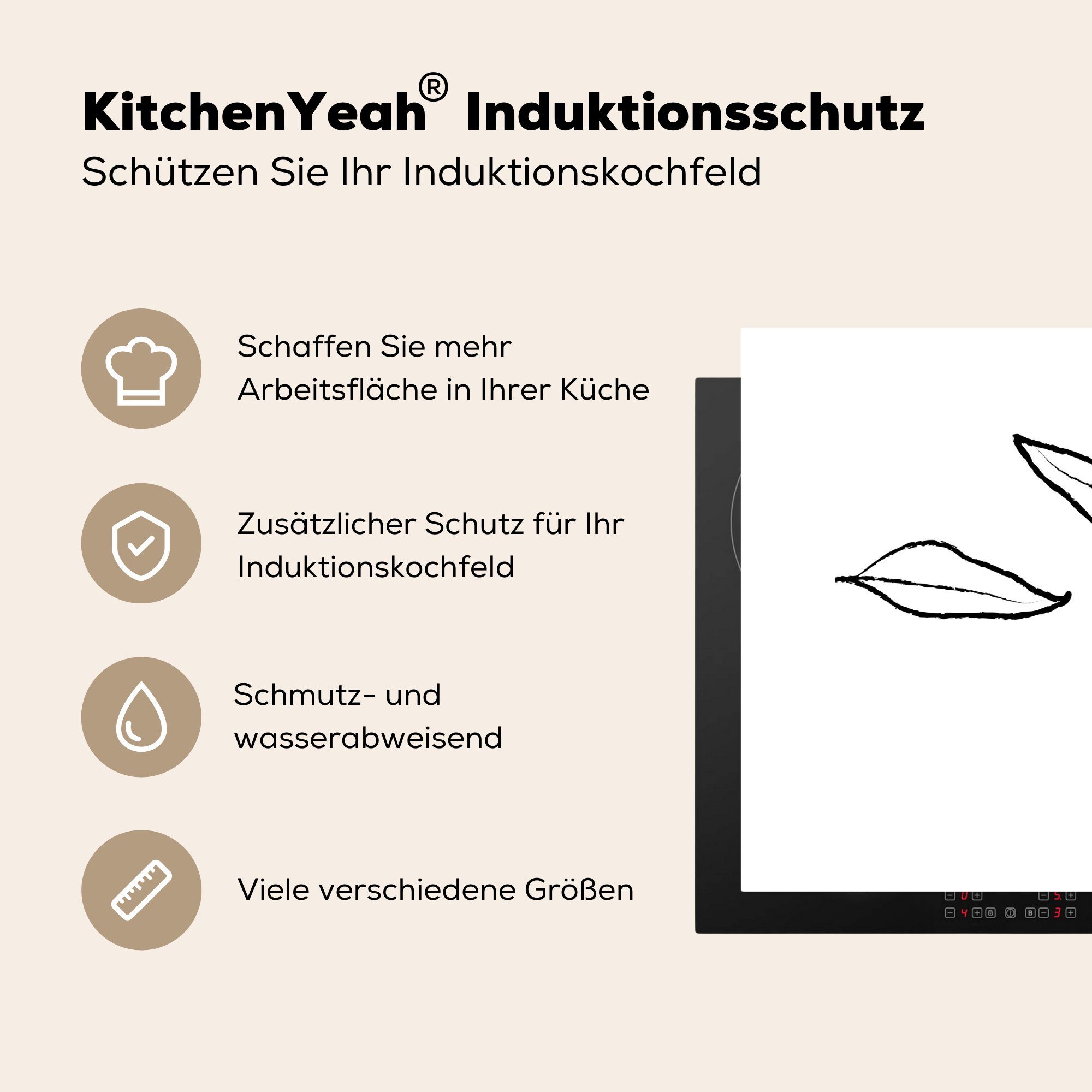 küche - cm, Strichzeichnung Ceranfeldabdeckung, für tlg), Arbeitsplatte Vinyl, (1 - MuchoWow Schwarz - Herdblende-/Abdeckplatte Blätter 78x78 Weiß,