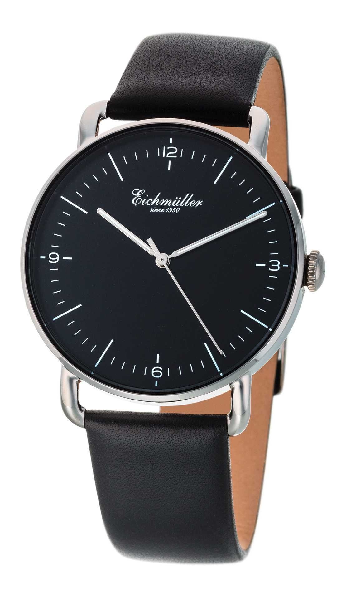 Top-Angebot Eichmüller Quarzuhr Herrenuhr 3030-05 Slim-Gehäuse mm Lederband Silberfarben 40 Schwarz