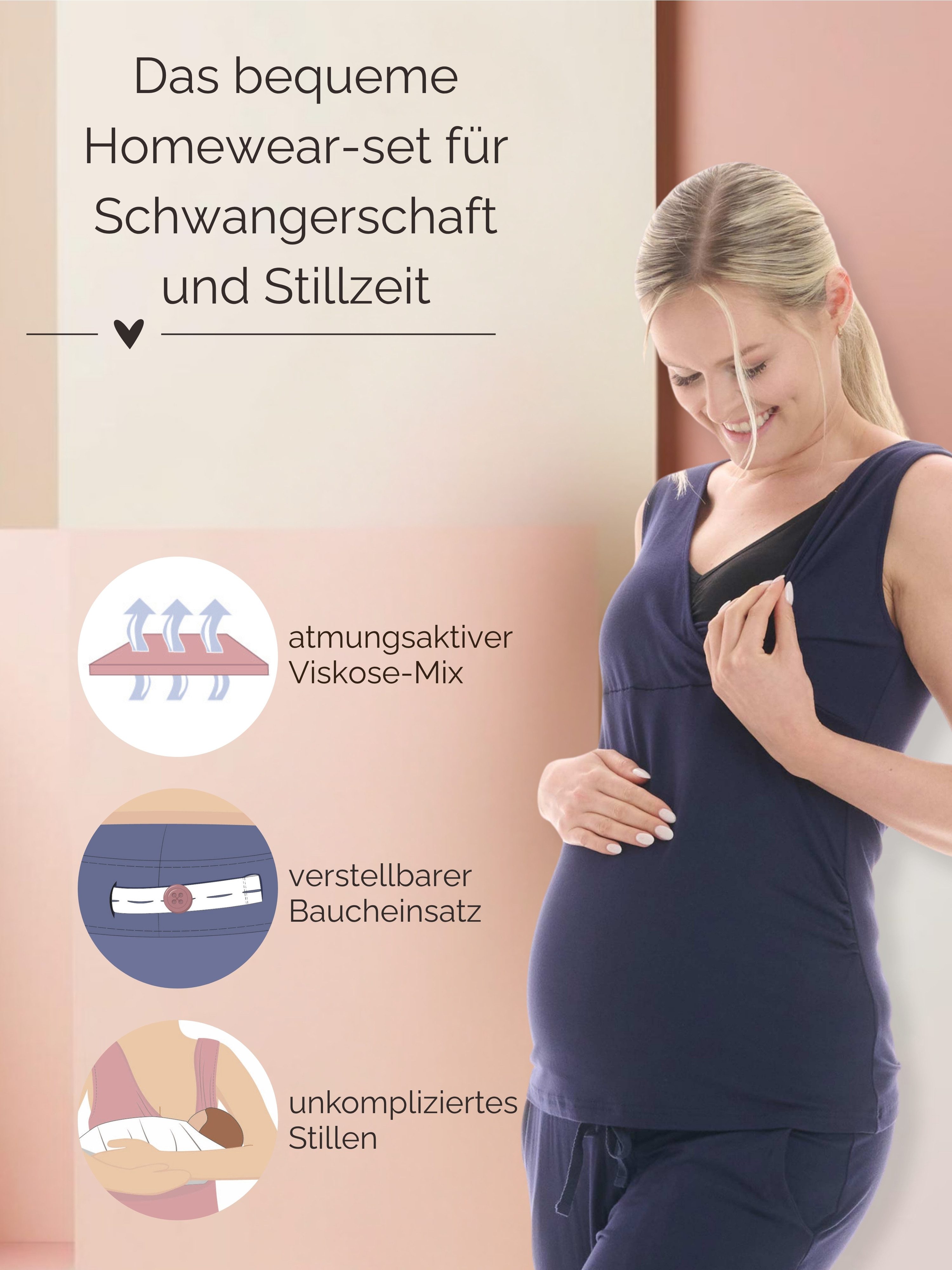 Herzmutter Umstandspyjama Stillpyjama-Set - Schwangerschafts-Wochenbett-Set (Set, 3 tlg., Hose-Top-Cardigan) Homewear