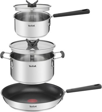 Tefal Topf-Set G737S5 Opti'Space lig, Edelstahl (Set, 5-tlg., Stielkasserolle 16 cm, Kochtopf 20 cm, je mit Deckel, Pfanne 28 cm), Antihaftversiegelung (Pfanne), für alle Herdarten inkl. Induktion