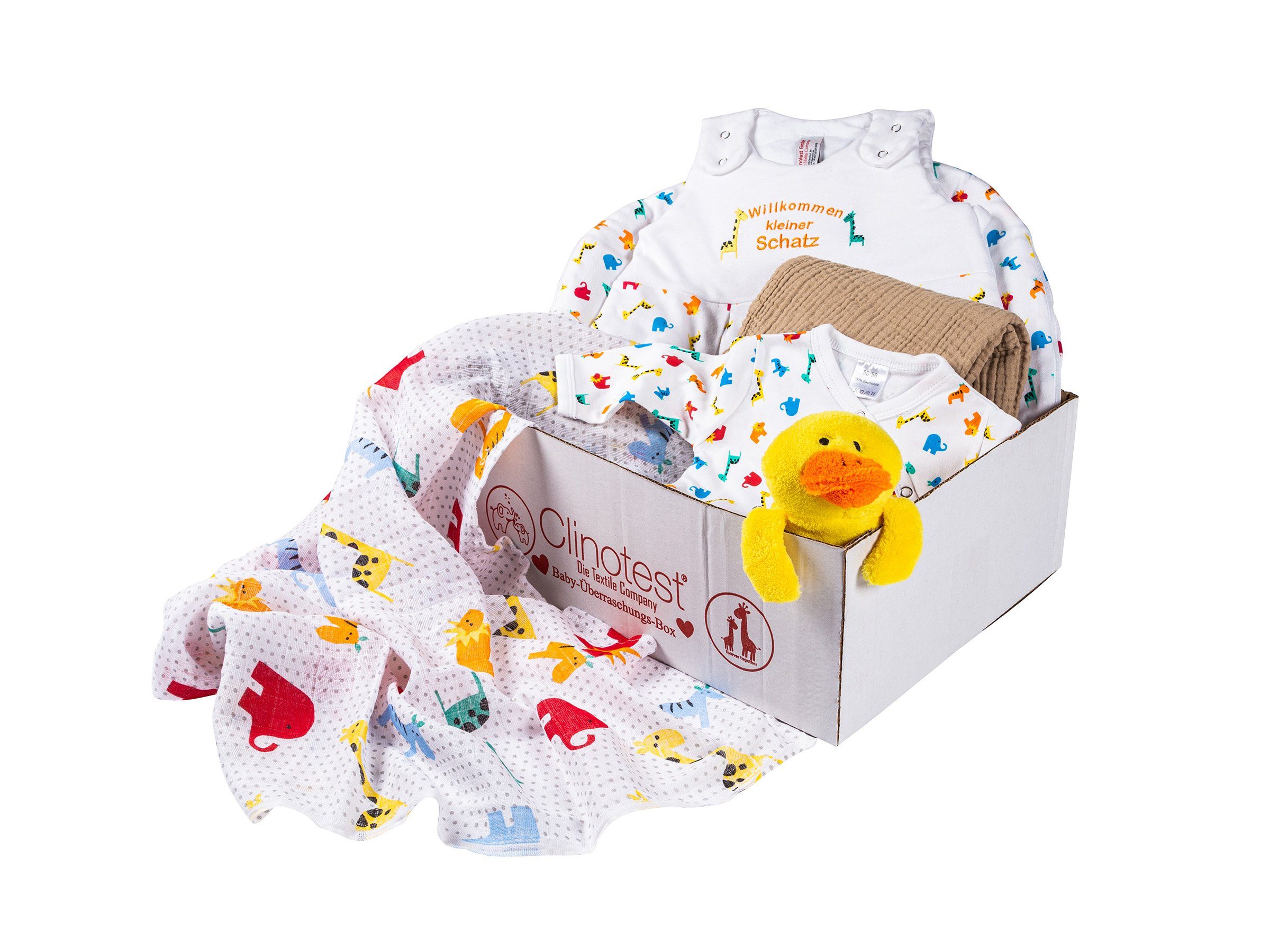 Clinotest Neugeborenen-Geschenkset Baby-Überraschungsbox, Bekleidungs-Set, verschiedene Boxeninhalte