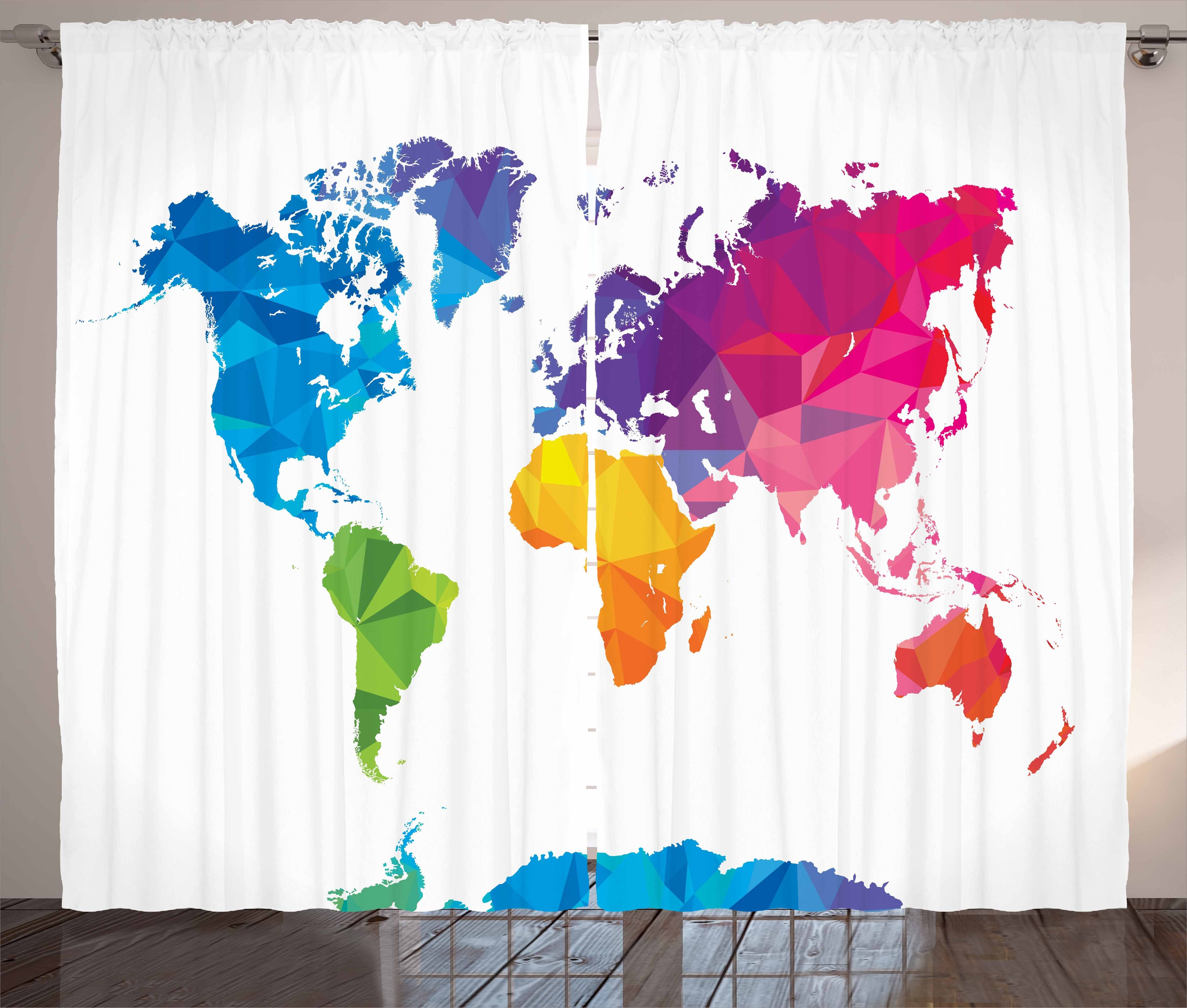 Gardine Schlafzimmer Haken, Weltkarte Regenbogen-Farben Poly mit Abakuhaus, Kräuselband Art und Low Vorhang Schlaufen