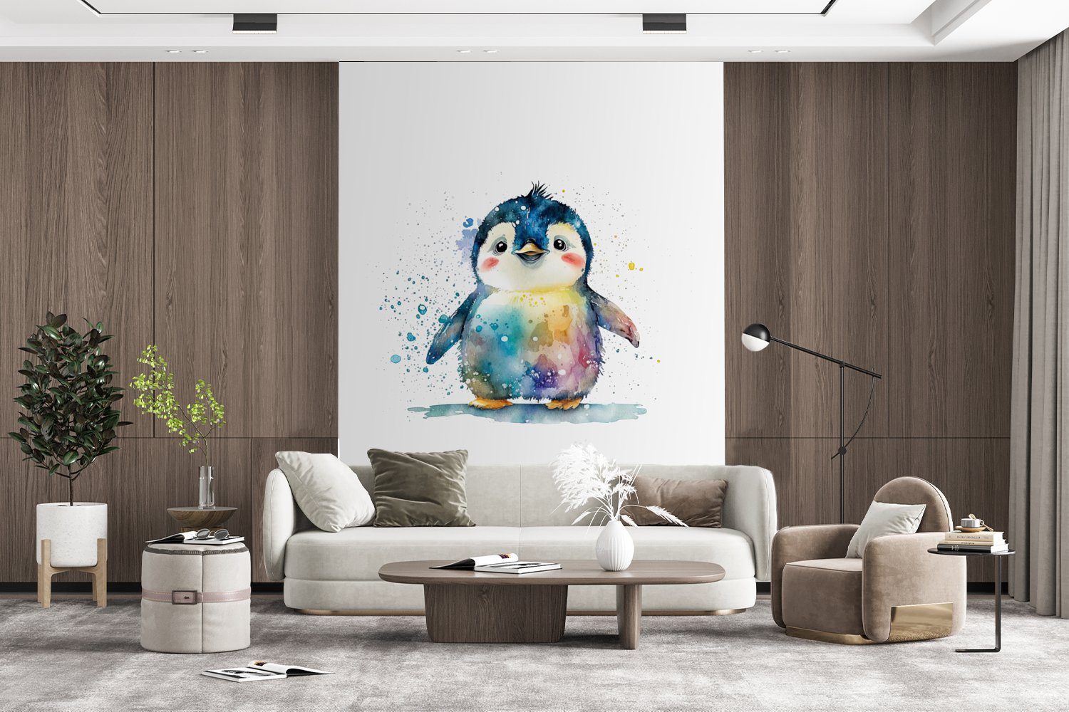 Regenbogen - Wandtapete bedruckt, St), (4 - Tapete - Montagefertig Wohnzimmer, Vinyl - für Fototapete Pinguin Matt, Tiere Aquarell Kinder, MuchoWow