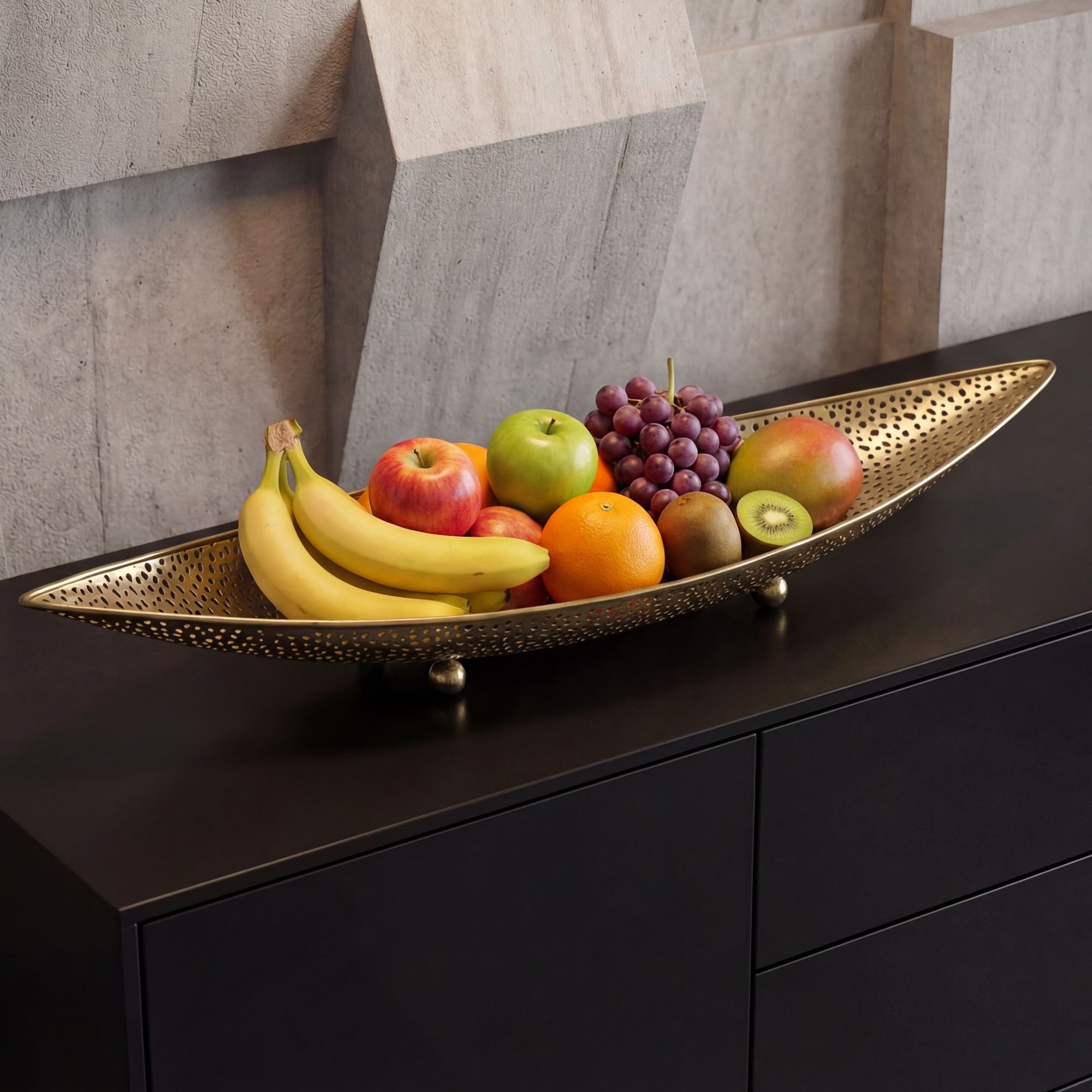 FINEBUY Obstschale FB77778 Früchtekorb Metall 60cm Dekoschale Obstkorb Oval, Metall, (Schöner Früchtekorb in schicker Lochoptik), Länglicher Dekoteller aus lackiertem Eisen