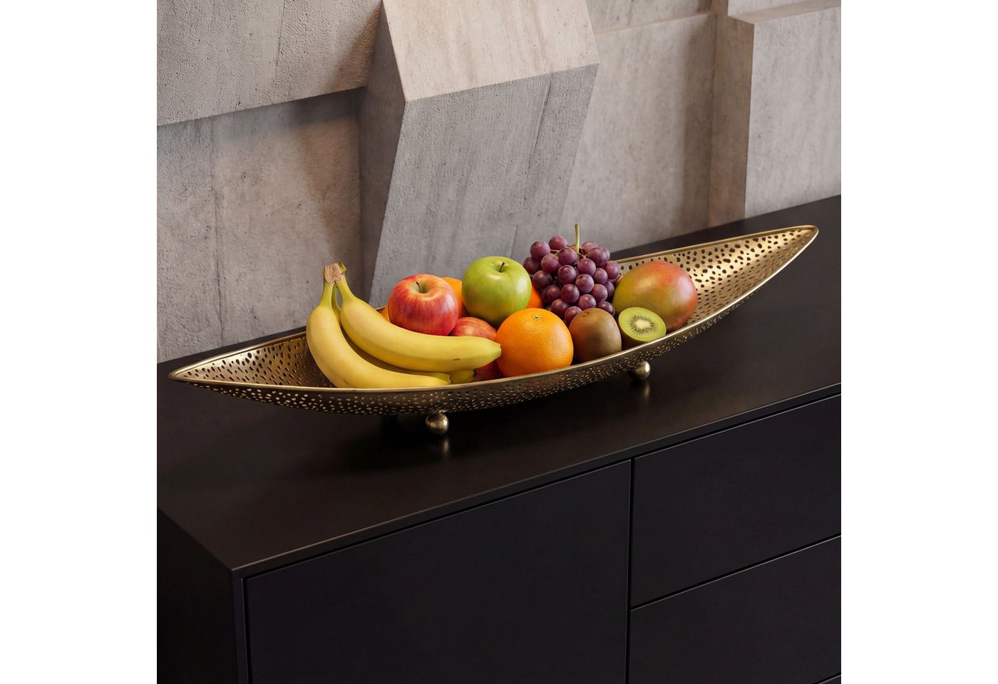 FINEBUY Obstschale FB77778 Früchtekorb Metall 60cm Dekoschale Obstkorb Oval, Metall, (Schöner Früchtekorb in schicker Lochoptik), Länglicher Dekoteller aus lackiertem Eisen