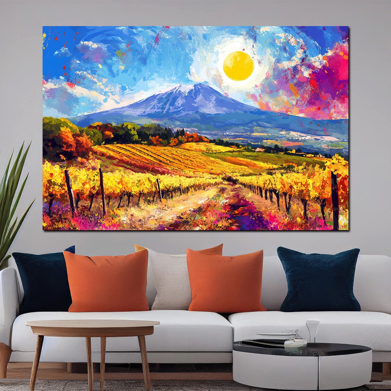 Artedinoi Leinwandbild Pop Art Weinberge Sonne Berge Natur farbenfroh Wandbild Leinwandbild W, Weinberge, farbenfroh