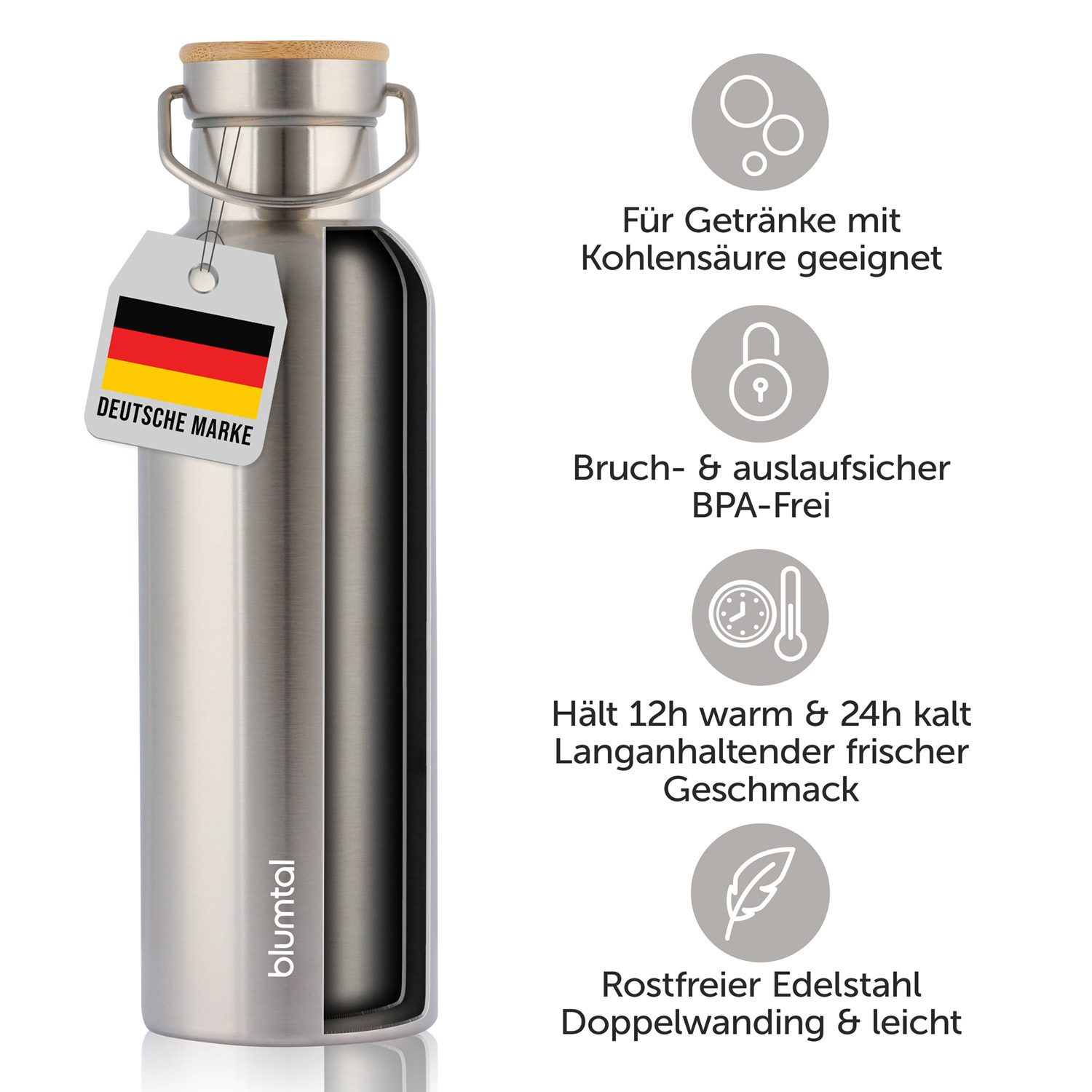 Blumtal Thermoflasche Thermosflasche 1L - doppelwandige Flasche Edelstahl 1L - BPA frei