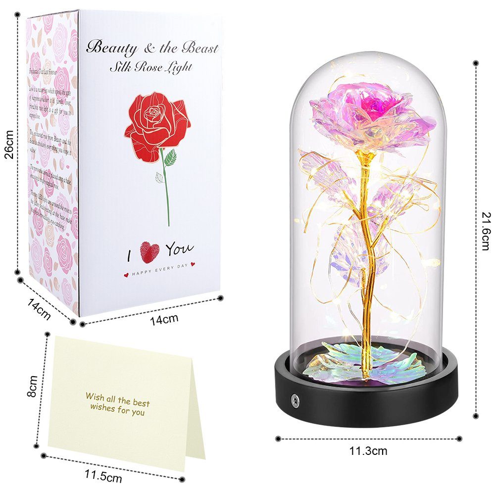 das und Gold, Bunt LED-Licht Kunstblume Jubiläum Rose mit Valentinstag, für im Glaskuppel, Geburtstag Schöne Glas Rose Biest Ewige in Qelus,