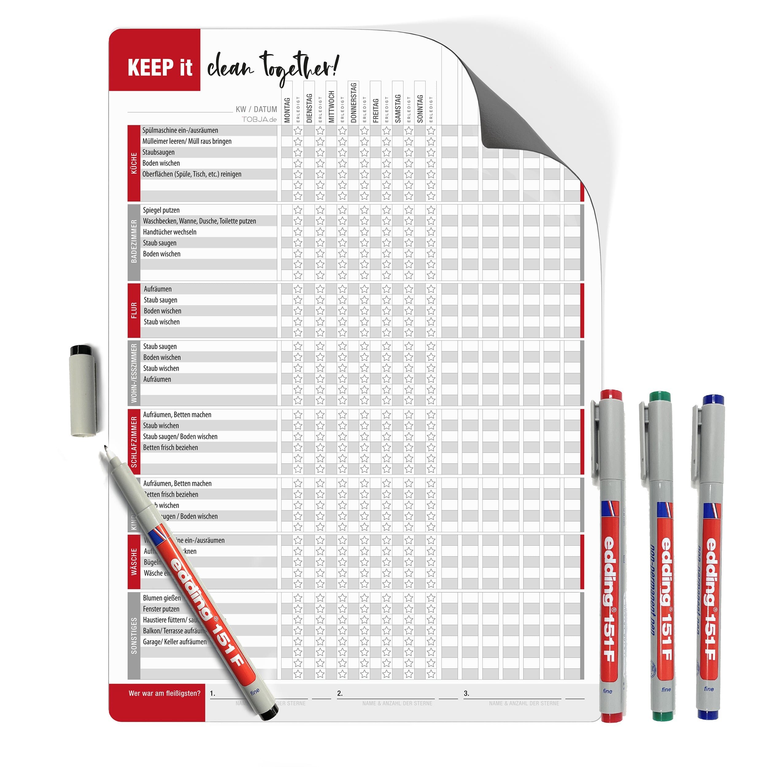 TOBJA Magnettafel Haushaltsplaner magnetisch inkl. 4 Markenstifte, (Spar-Set), Aufgabenplaner A4 Whiteboard Haushaltsplan Familie mit Kinder