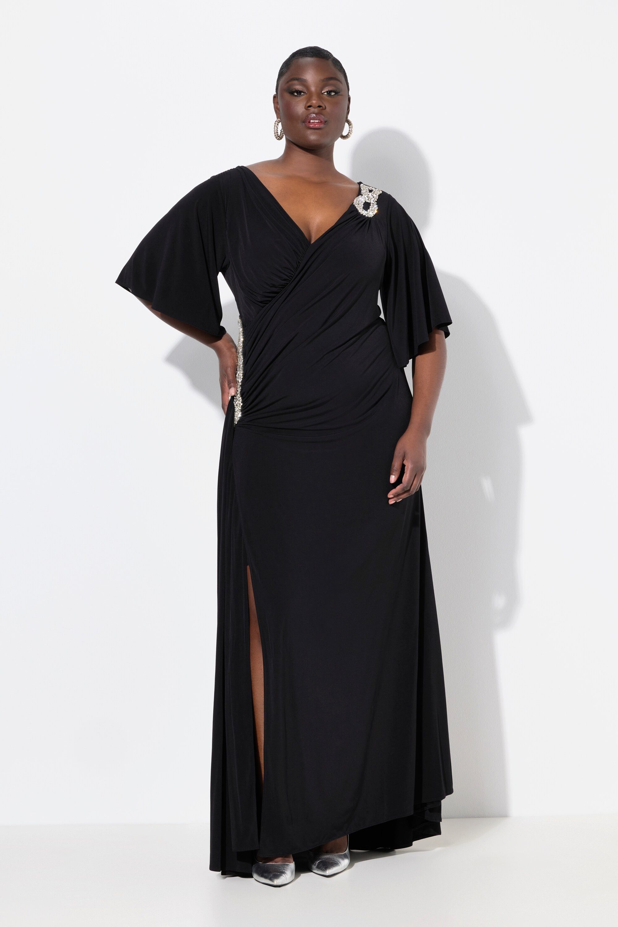 Ulla Popken Cocktailkleid Maxikleid Drapierung V-Ausschnitt günstig online kaufen