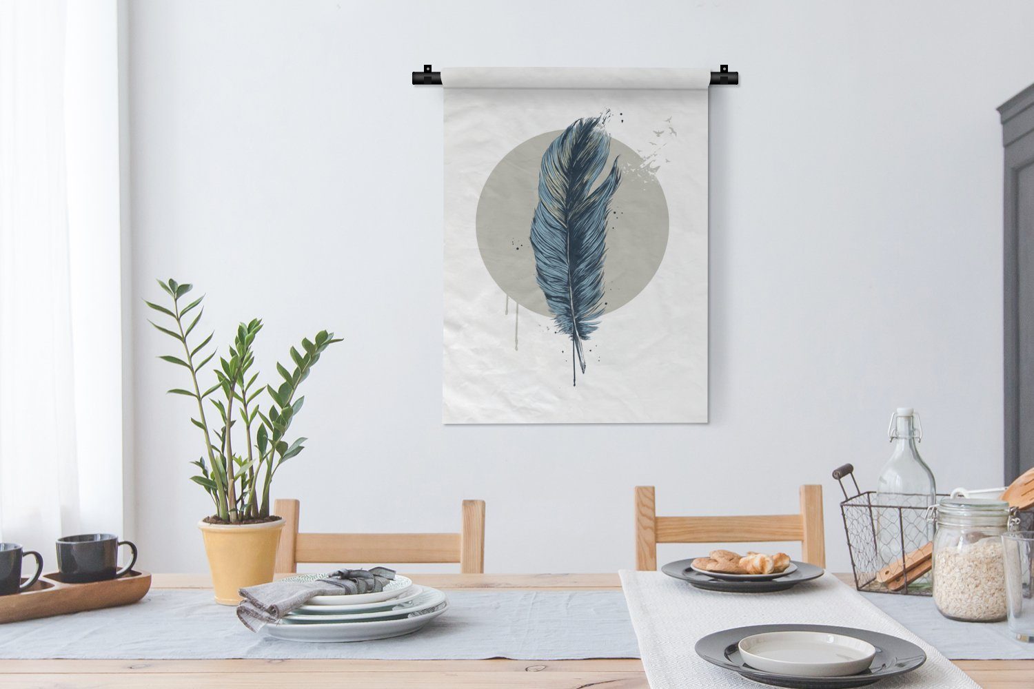 Deko Weiß, Vögel Feder Tapisserie, MuchoWow Schlafzimmer - an Wanddekoobjekt Wohnzimmer, - der für - Wand, Mond