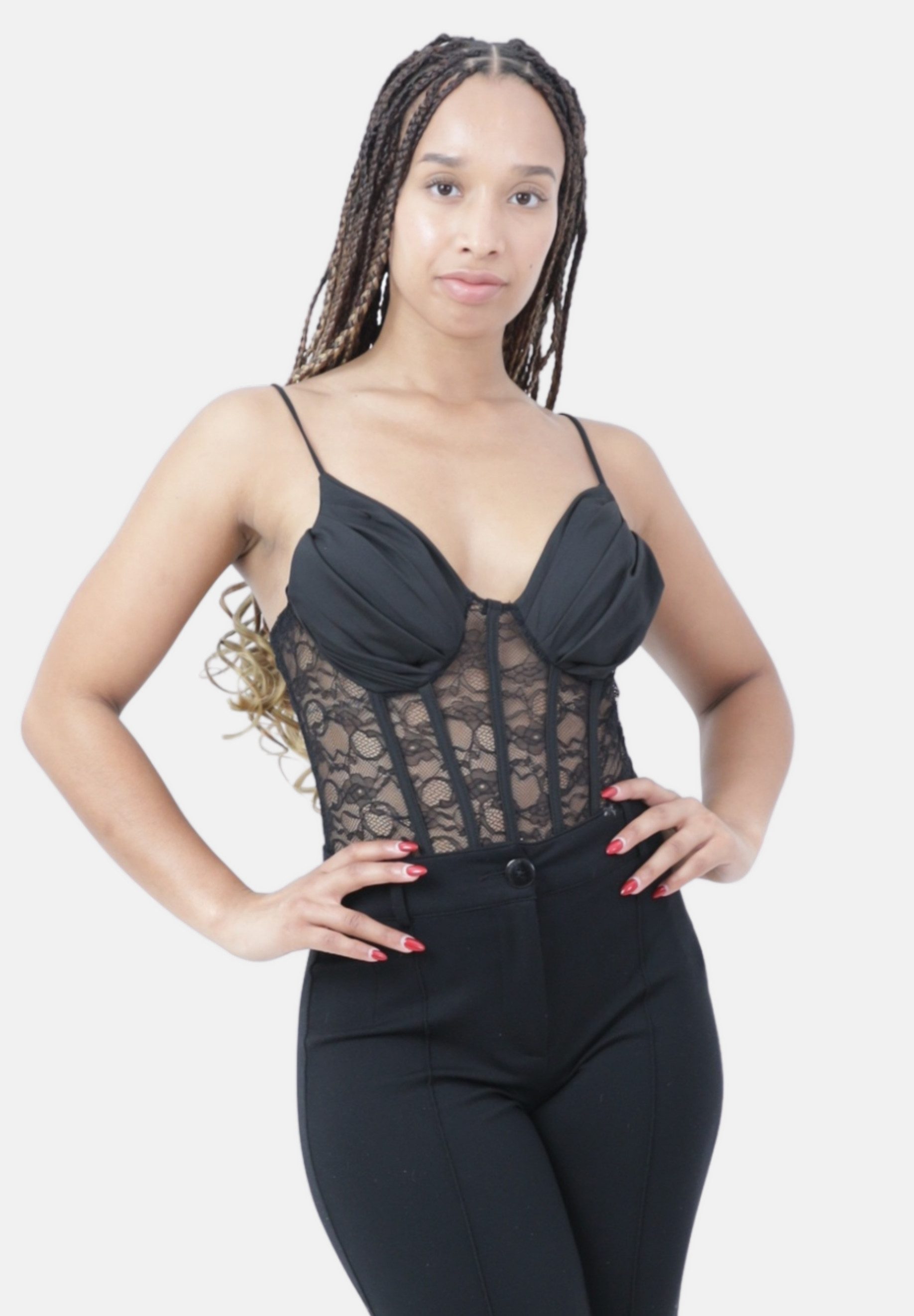Elara Blusentop — Spitzenbody mit Cups und Spaghettiträgern in Corsagen-Optik