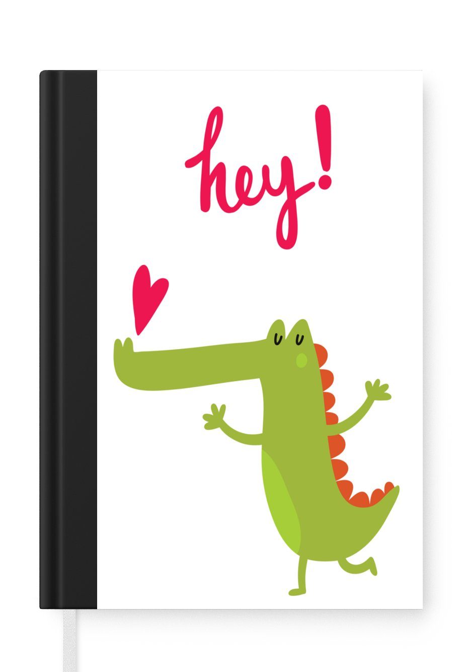 MuchoWow Notizbuch Illustration eines Krokodils, eines Herzens und des Zitats "Hey!"., Journal, Merkzettel, Tagebuch, Notizheft, A5, 98 Seiten, Haushaltsbuch