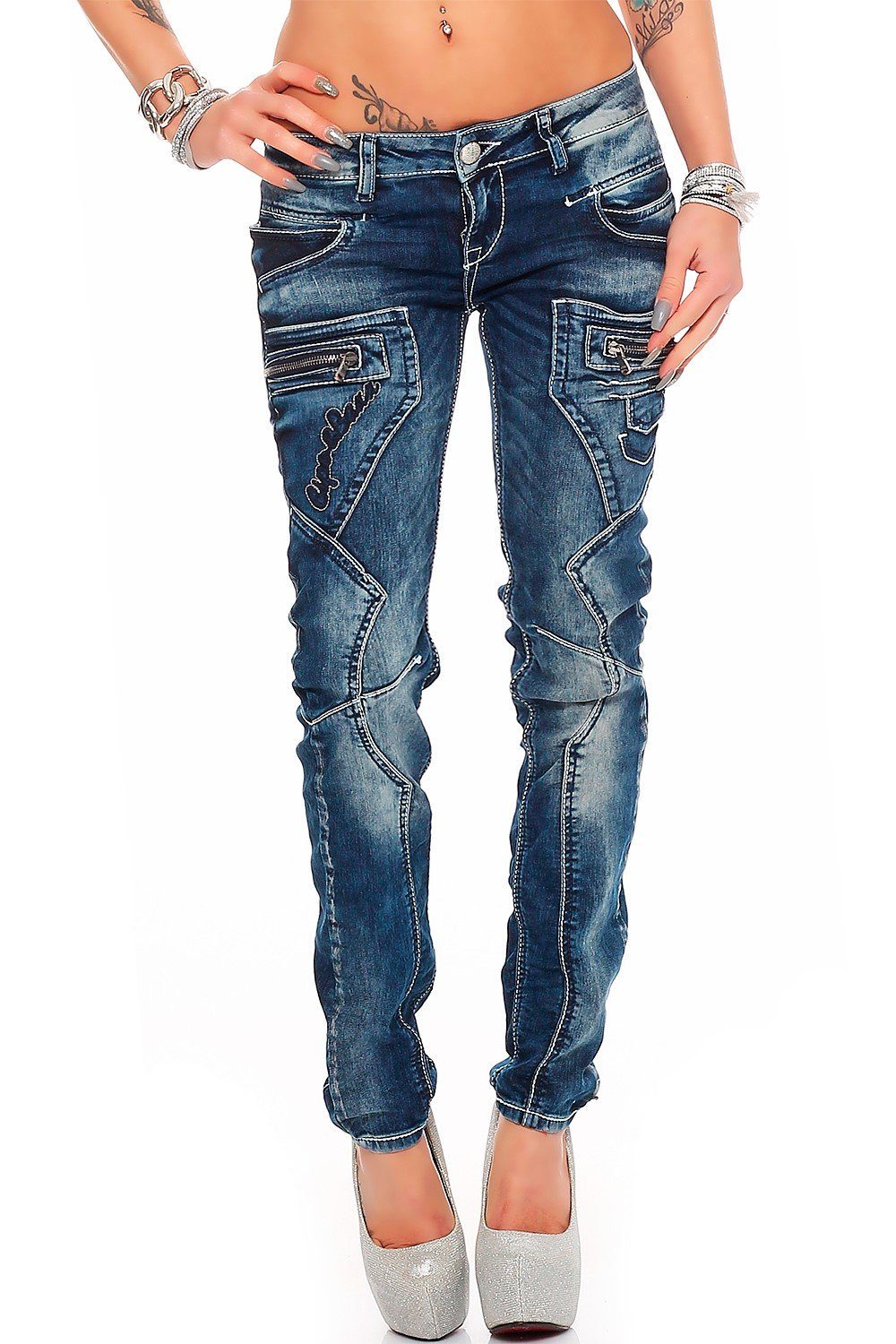 Cipo & Baxx Slim-fit-Jeans Damen Slim Fit Hose Stonewashed BA-WD200B Blue W27/L34 mit Ziernähten Zippern und Markenlogo