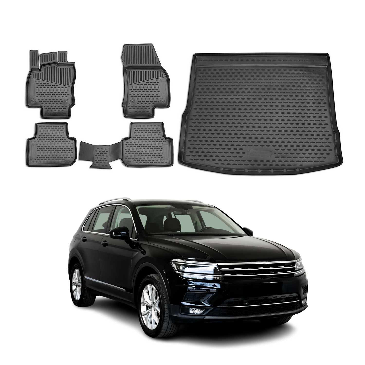 OMAC Auto-Fußmatten Kofferraumwanne Set für VW Tiguan mk2 2016-2024 Gummi TPE Schwarz 5x (5 St), für VW Tiguan 2016-2025 VW Tiguan 2016-2025, Einfache Installation,Antirutsch,Leicht zu reinigen