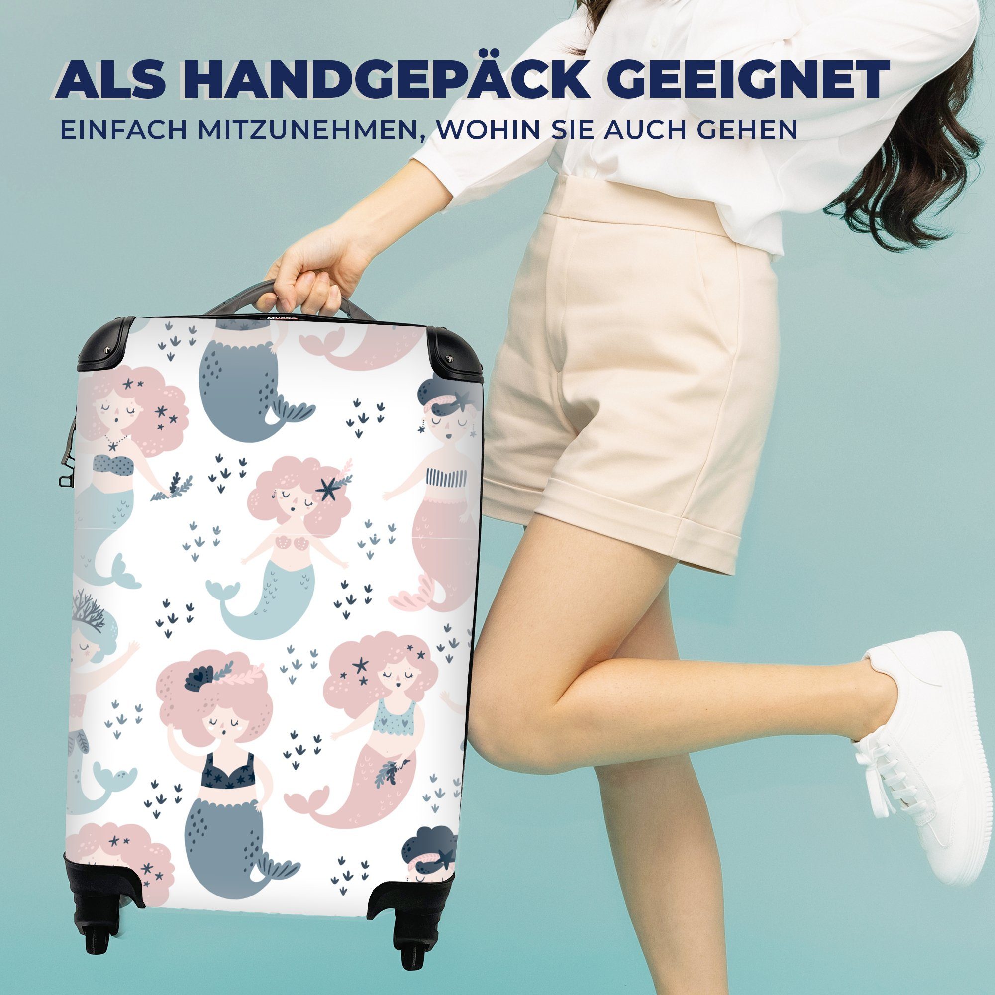 Muster Handgepäck Handgepäckkoffer Reisekoffer Ferien, MuchoWow Reisetasche Meerjungfrau für - mit Rollen, - 4 Trolley, rollen, Tiere,