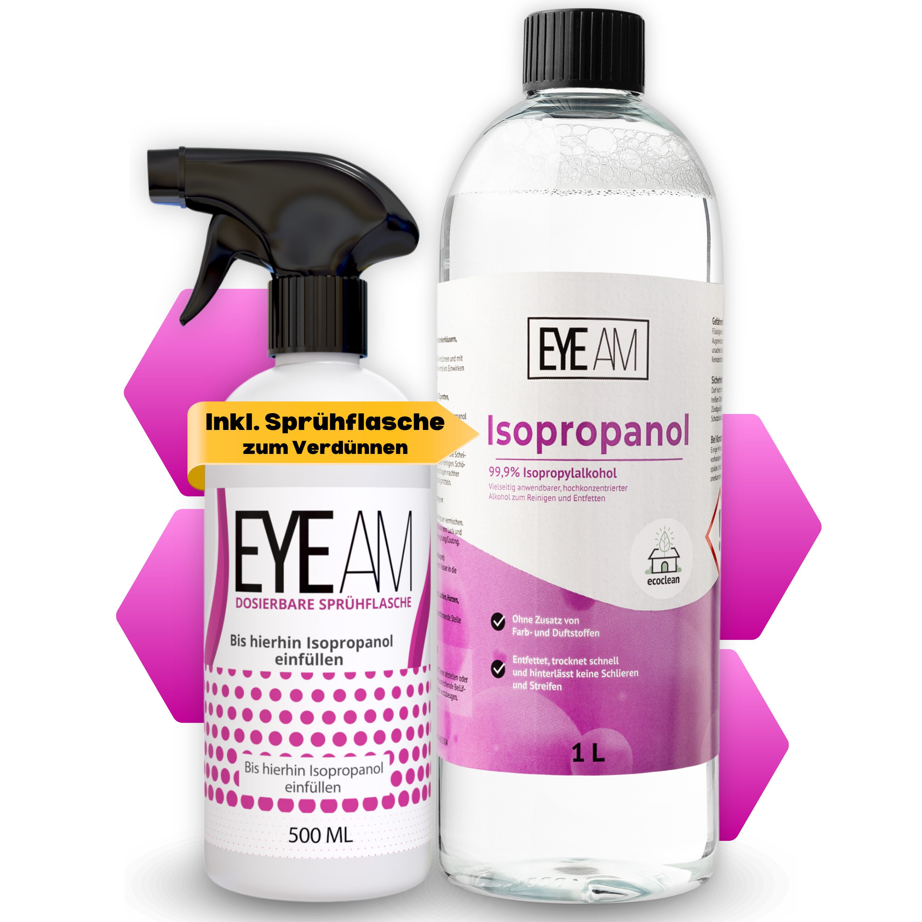 EyeAm Isopropanol 99,9% (IPA) mit 500ml Zusatzflasche zum Verdünnen, Reinigungsalkohol