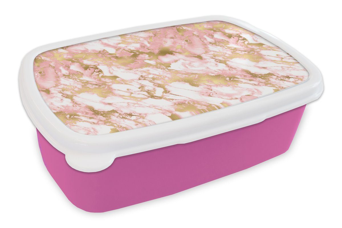 MuchoWow Lunchbox Marmor - Rosa - Gold - Muster, Kunststoff, (2-tlg), Brotbox für Erwachsene, Brotdose Kinder, Snackbox, Mädchen, Kunststoff