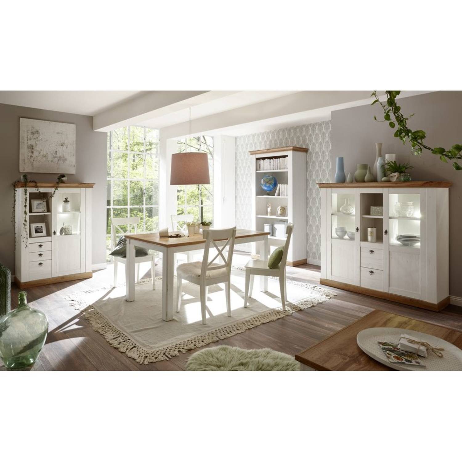 Lomadox Essgruppe »LINARES-61«, (Spar-Set), Esszimmer Schrank-Set im Landhaus-Design in Pinie weiß / Wotan Eiche Nb. (ohne Stühle) B/H/Tca.: 540/204/44cm
