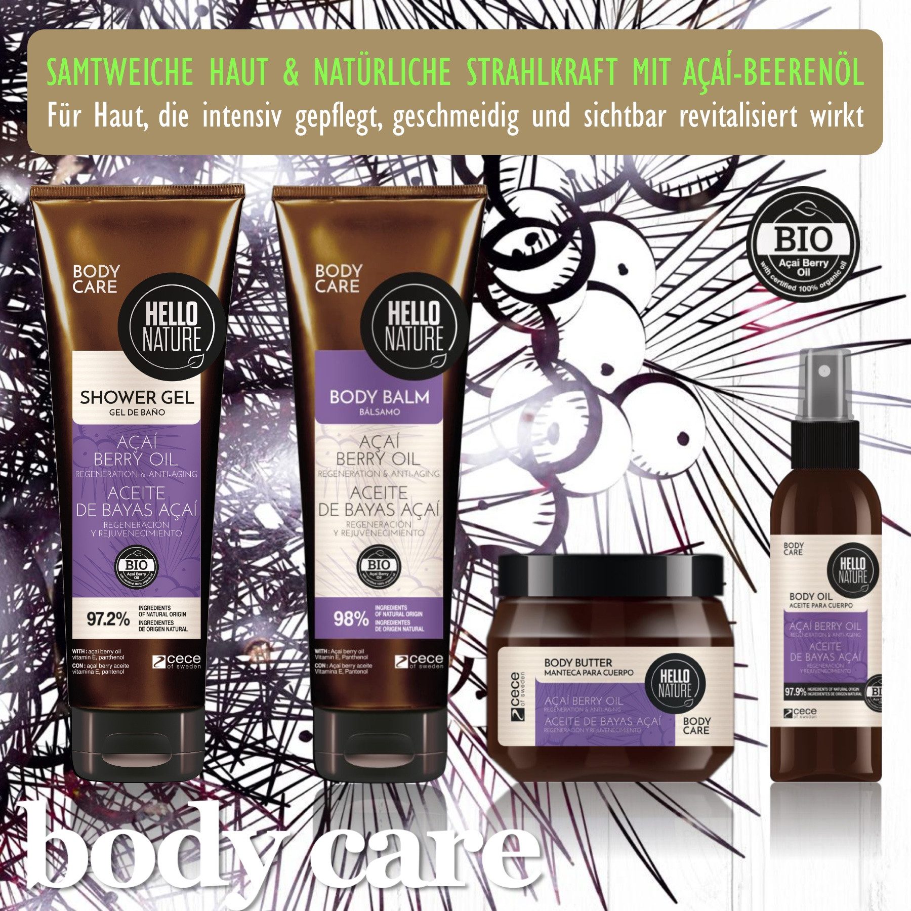 Hello Nature Körperöl Hautöl Körperöl Pflegeöl Body Öl Acai-Beerenöl Gesicht Körperpflege, 3-tlg., Hautpflege, Körperöl, Acai, Spray