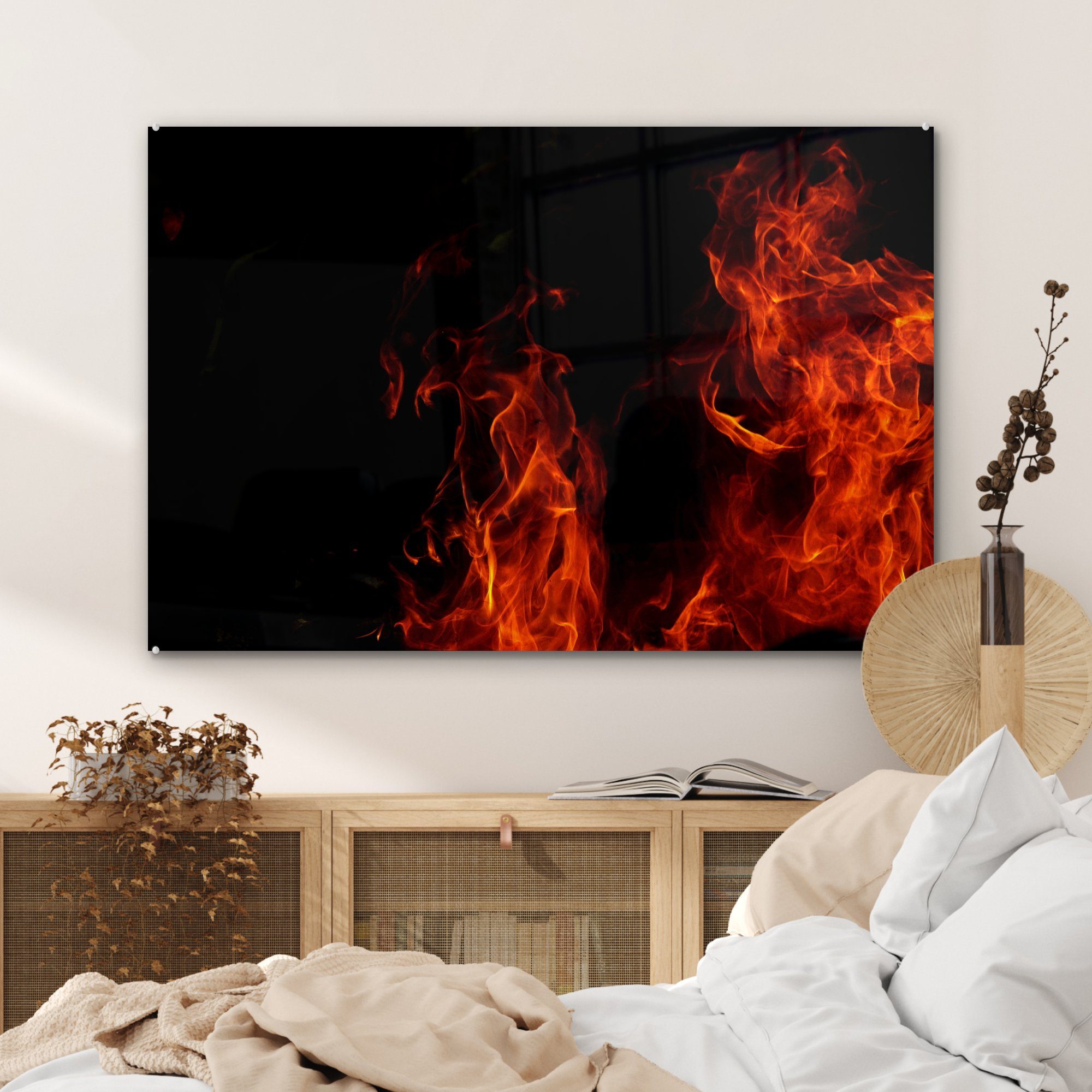 Große (1 Acrylglasbilder schwarzem auf Acrylglasbild Hintergrund, MuchoWow & St), Wohnzimmer Schlafzimmer Flammen