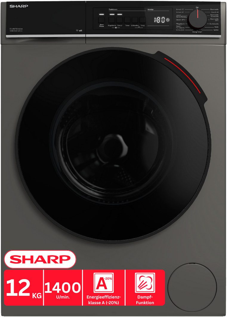 Sharp Waschmaschine ES-WNFB214CAA-DE, 12 kg, 1400 U/min, 12kg / +WIFI / A-20% / black Doorring+knob / Steam / Espresso Grey