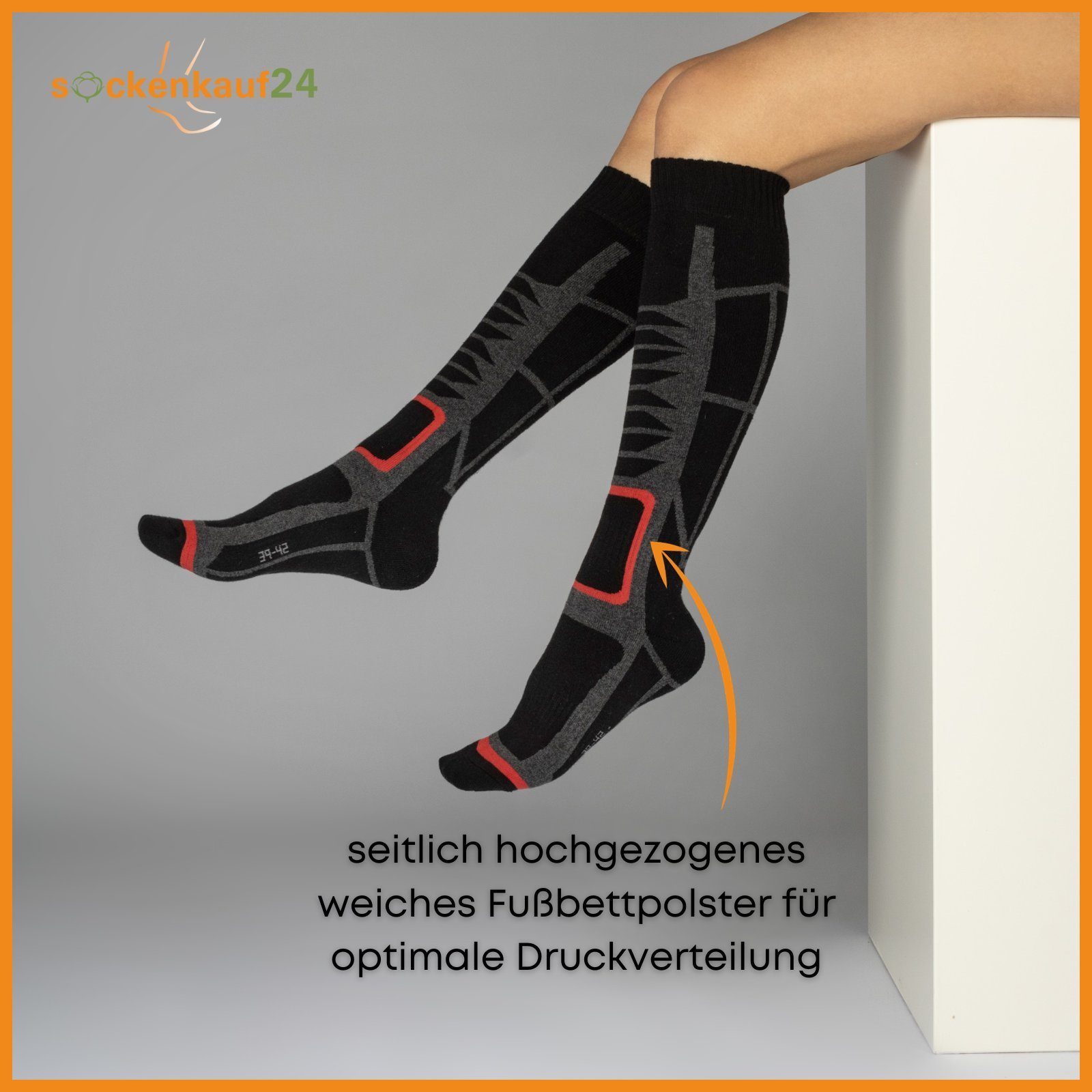 Paar WP Damen Socken Herren lang sockenkauf24 Schwarz/Schwarz-Rot Ski Atmungsaktiv 2 & Skisocken Strümpfe Ski