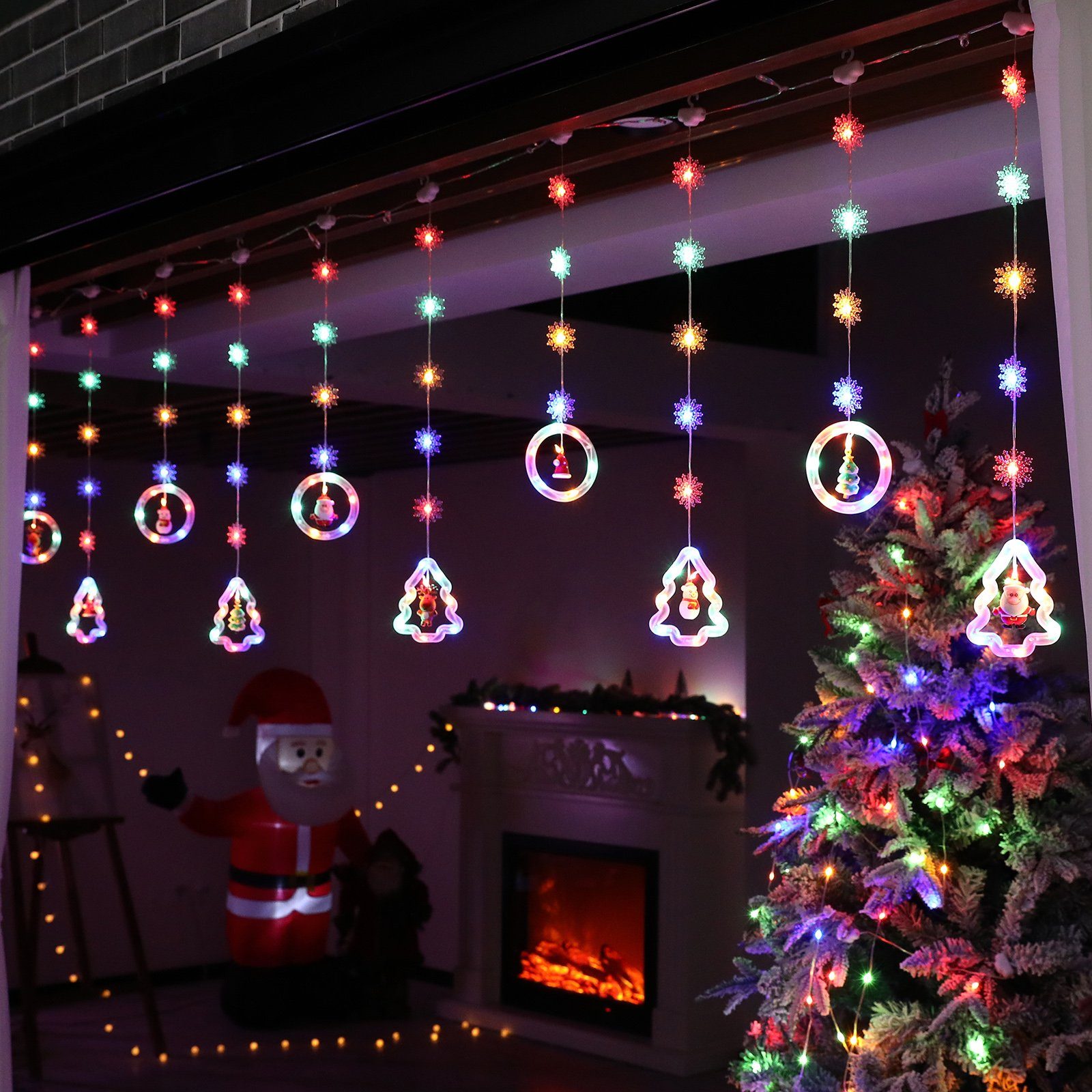 Rosnek LED-Lichtervorhang 3M 100LEDs, weihnachtlichen Modi, Ornamenten; für Batterie/USB, mit Schlafzimmer, Wohnzimmer Deko 8 Fenster