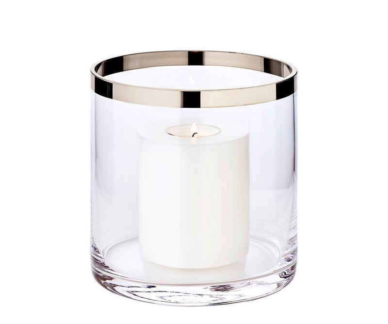 EDZARD Windlicht Molly, Höhe 15 cm, Ø 15 cm, aus Kristallglas mit Platinrand, Kerzenhalter für Stumpenkerzen