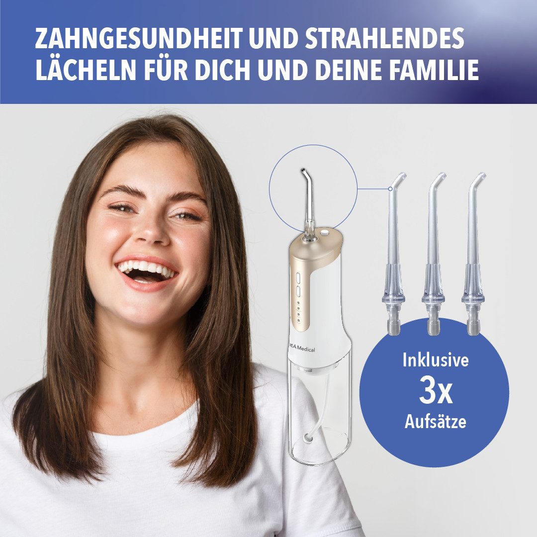 IEA Medical Munddusche Zahnzwischenraumreiniger, Aufsätze: 3 St., Kabellos, für unterwegs, 3 Modi, 240 ml Wassertank