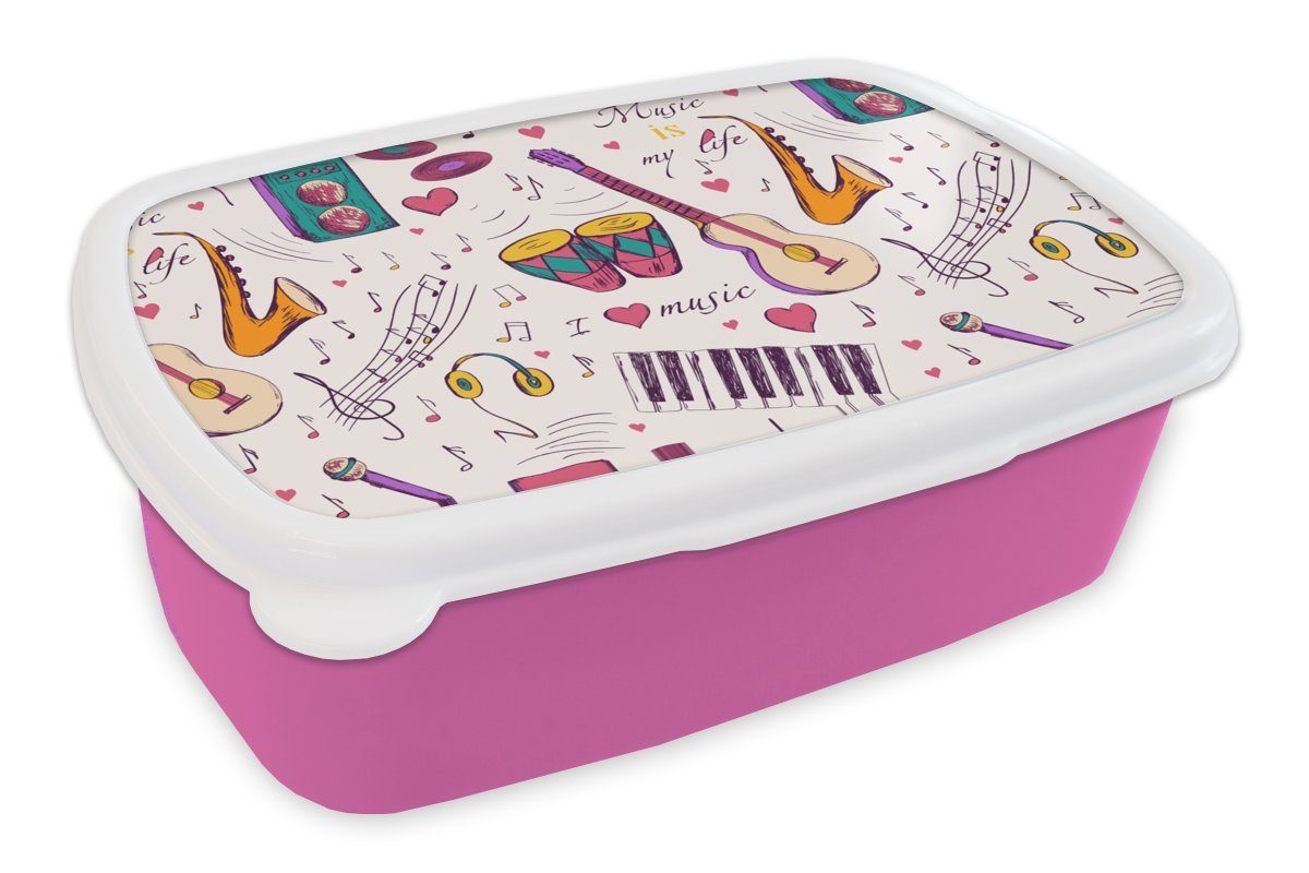 MuchoWow Lunchbox Musik - Instrumente - Zitate, Kunststoff, (2-tlg), Brotbox für Erwachsene, Brotdose Kinder, Snackbox, Mädchen, Kunststoff rosa