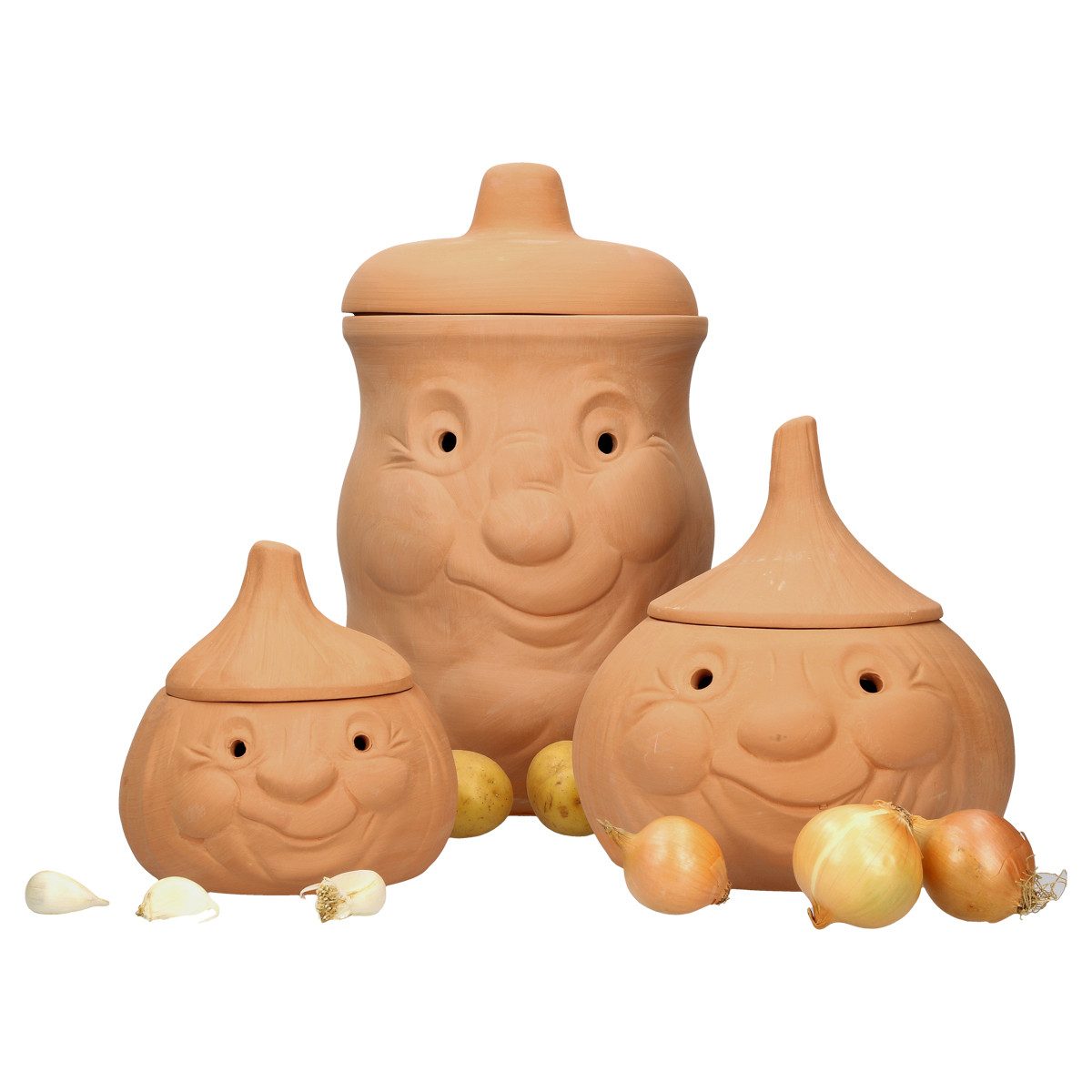 Vorratsglas 3tlg. Terrakotta Set Knoblauchtopf + Zwiebeltopf + Kartoffeltopf