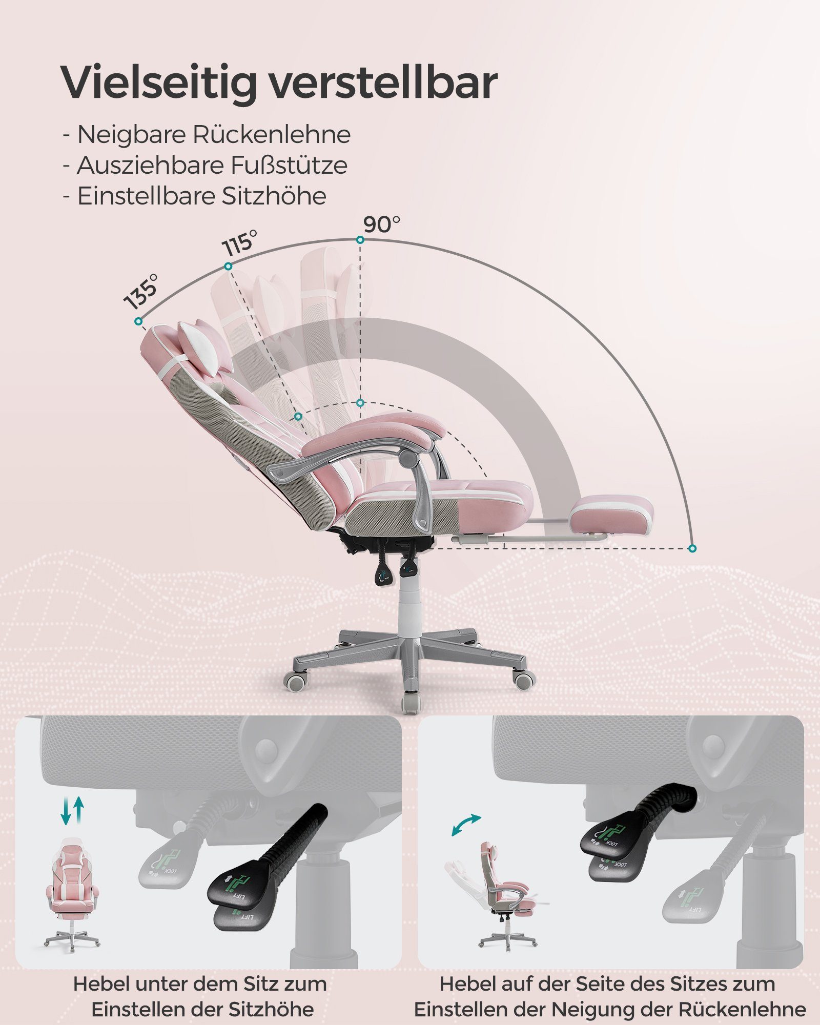 SONGMICS Gaming-Stuhl Bürostuhl, ergonomischer, mit Fußstütze, Kopfstütze und Lendenkissen