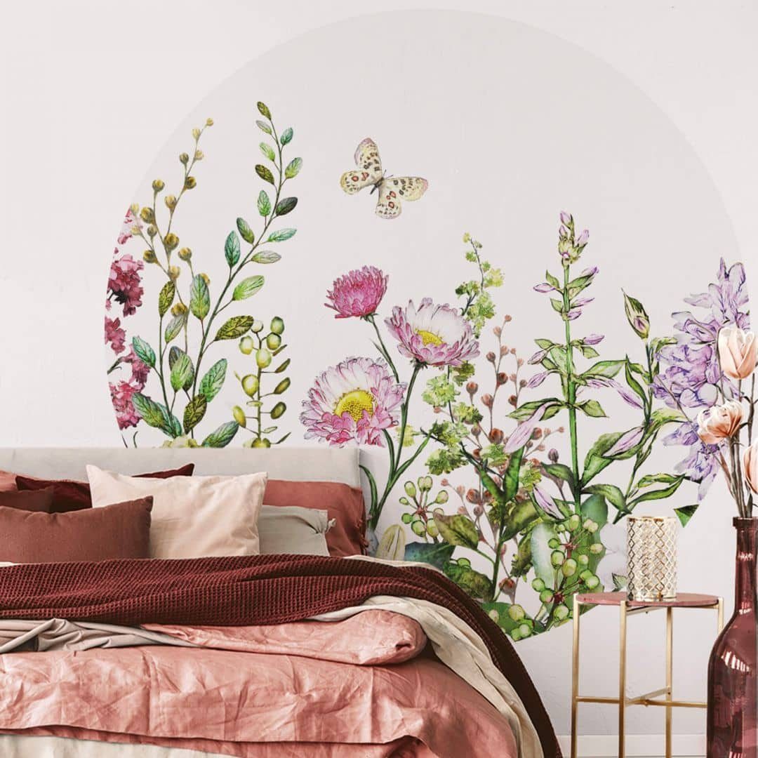 K&L Wall Art Fototapete Fototapete florale Sommer Blumenwiese Vliestapete Rund Tapete, Blumenromantik Tapete