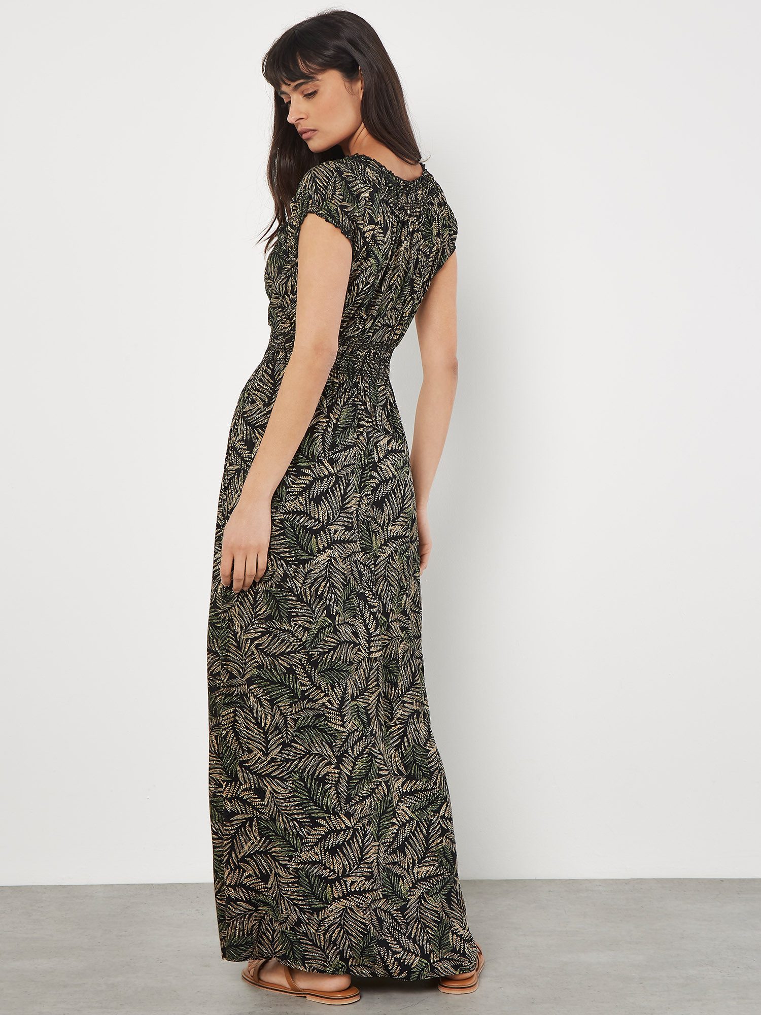 Apricot Maxikleid Batik Smokkleid mit Smockdetails und Batik-Blätter Druck – Bild 4 von 5